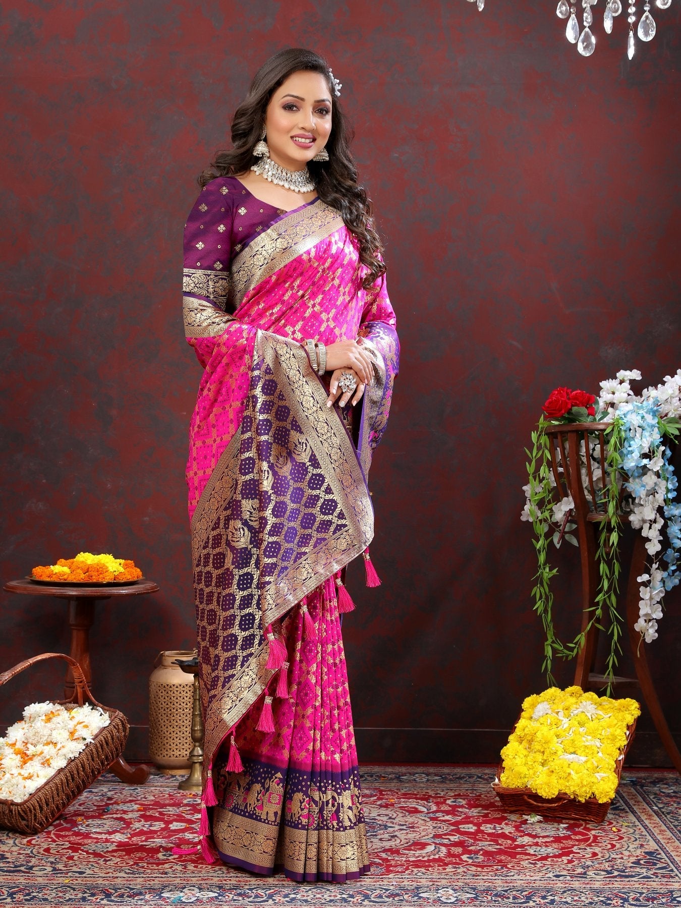 Ethnic Dark Pink Patola Silk Saree with Prettiest Blouse Piece