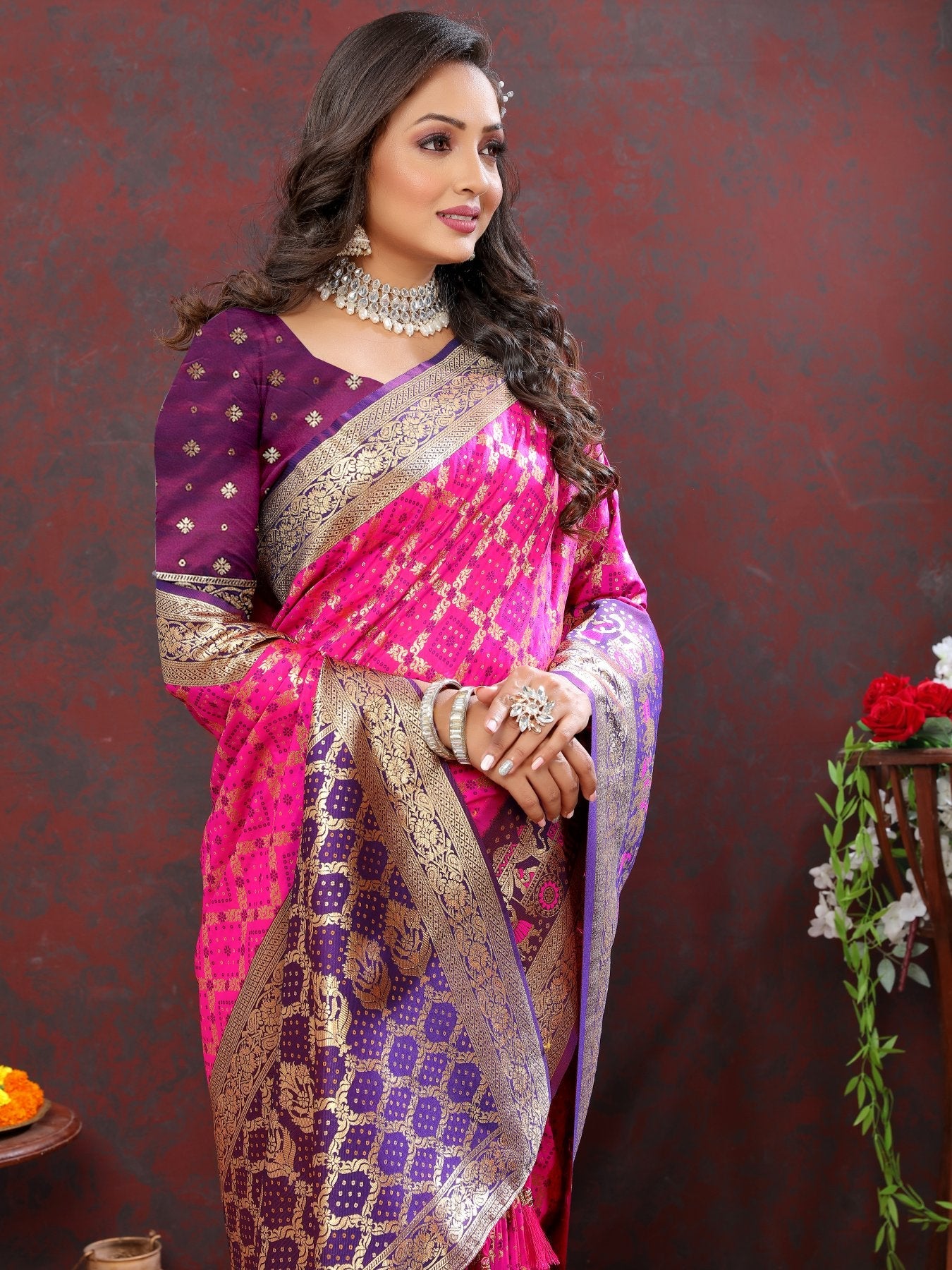 Ethnic Dark Pink Patola Silk Saree with Prettiest Blouse Piece