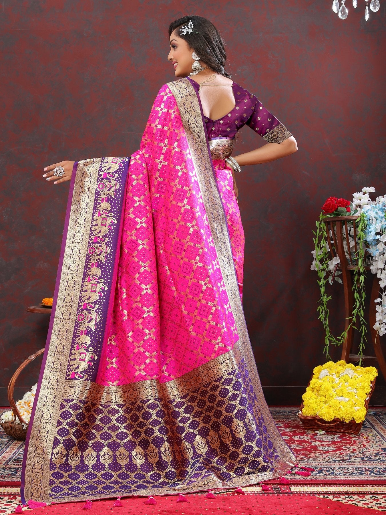 Ethnic Dark Pink Patola Silk Saree with Prettiest Blouse Piece