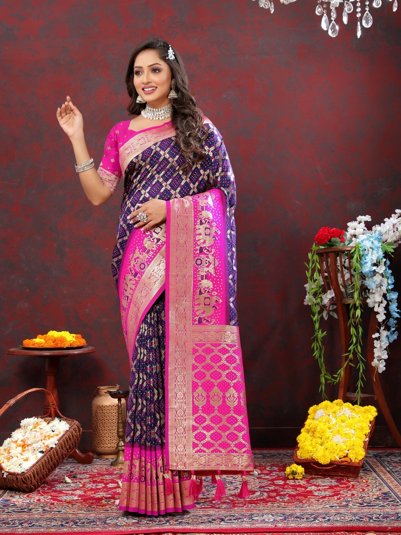 Blooming Navy Blue Patola Silk Saree with Desirable Blouse Piece