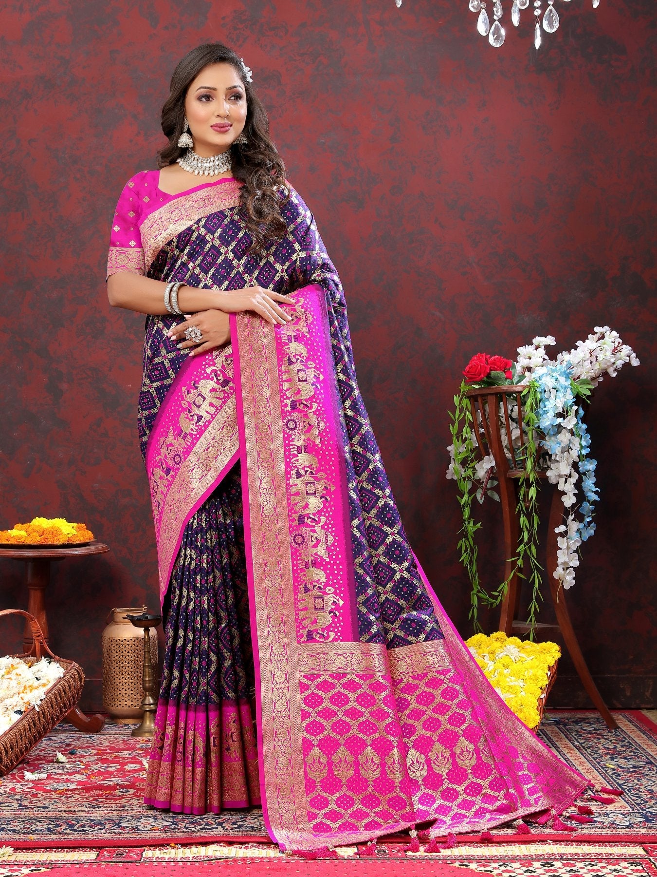 Blooming Navy Blue Patola Silk Saree with Desirable Blouse Piece