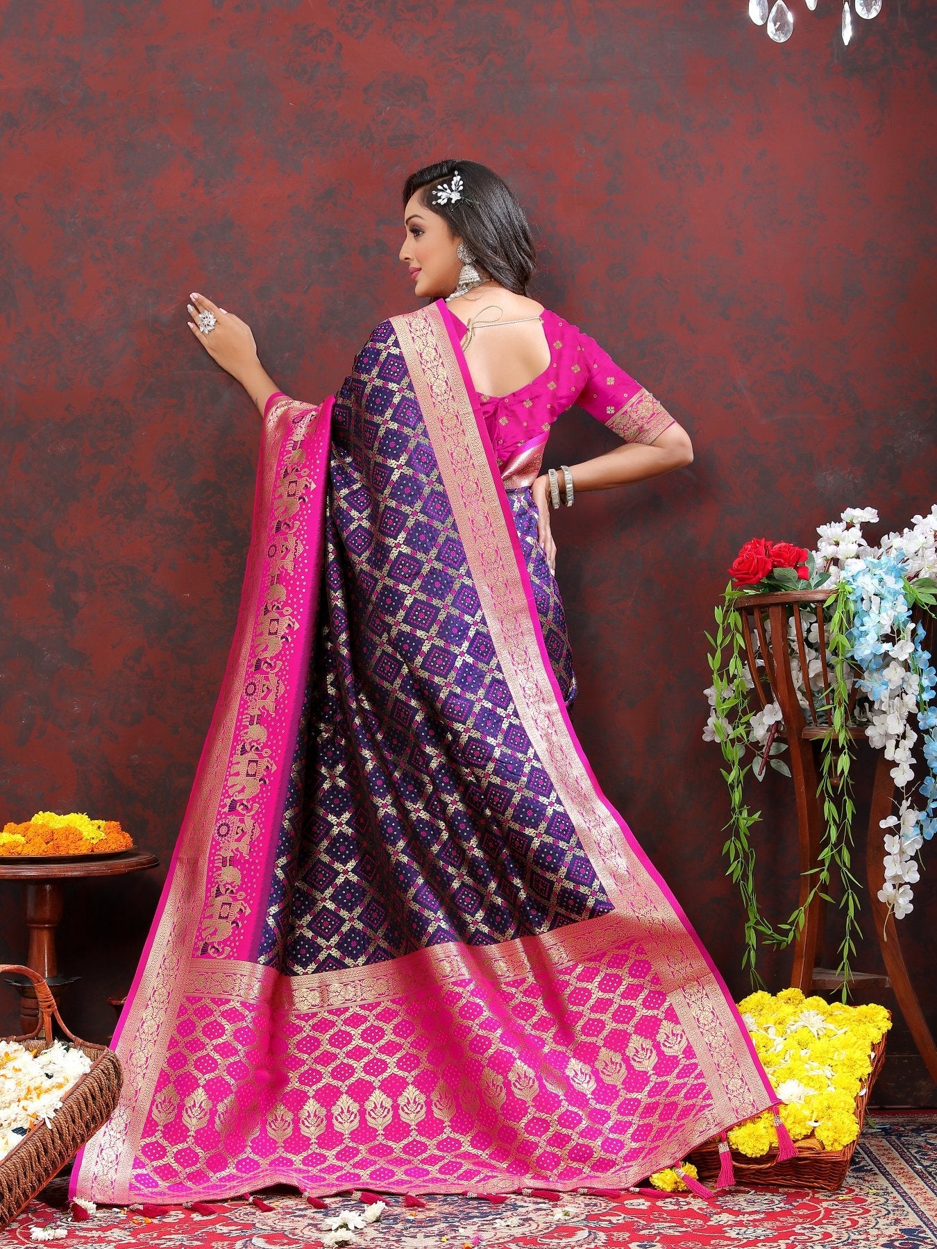 Blooming Navy Blue Patola Silk Saree with Desirable Blouse Piece