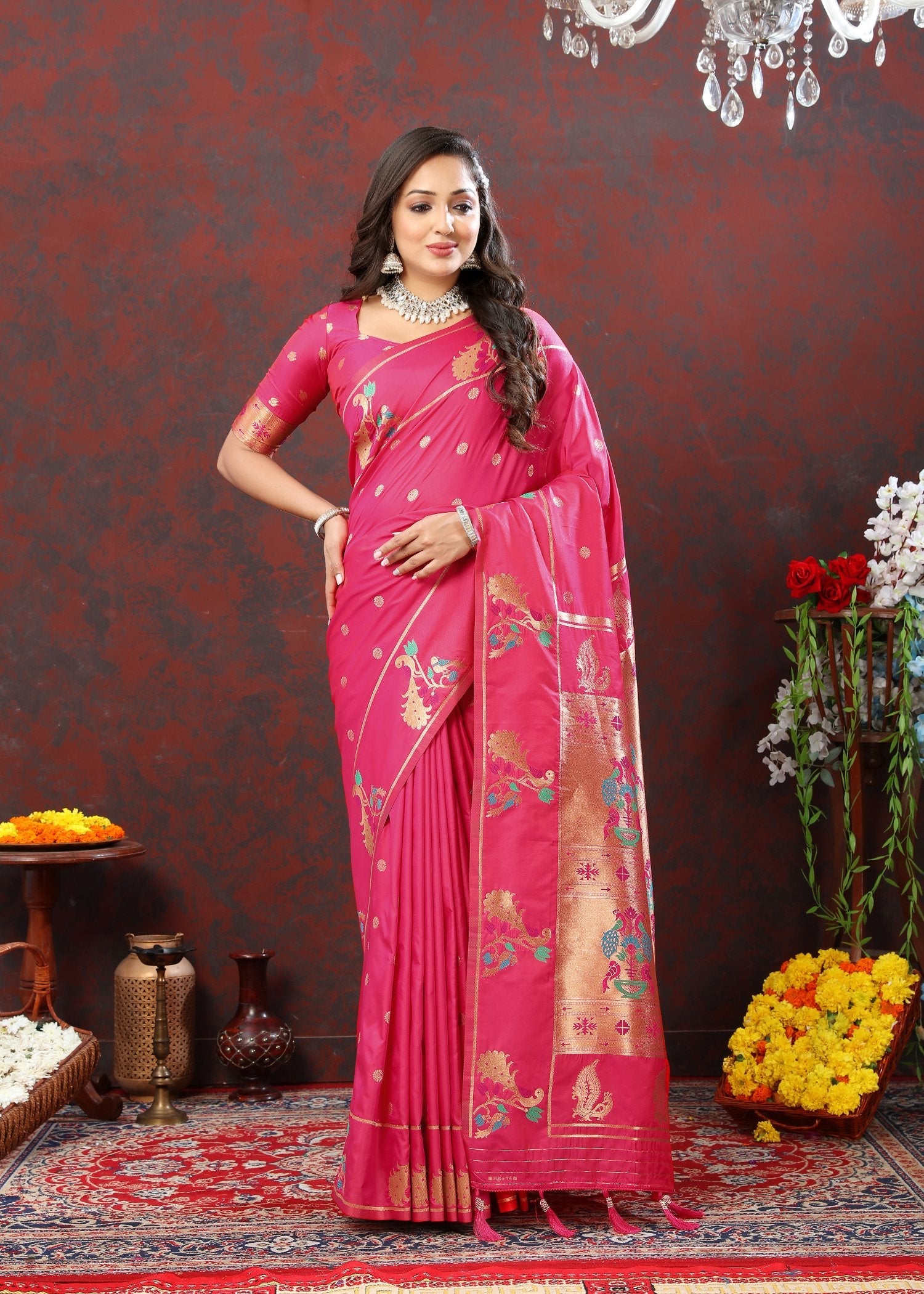 Smart Dark Pink Paithani Silk Saree With Pleasant Blouse Piece