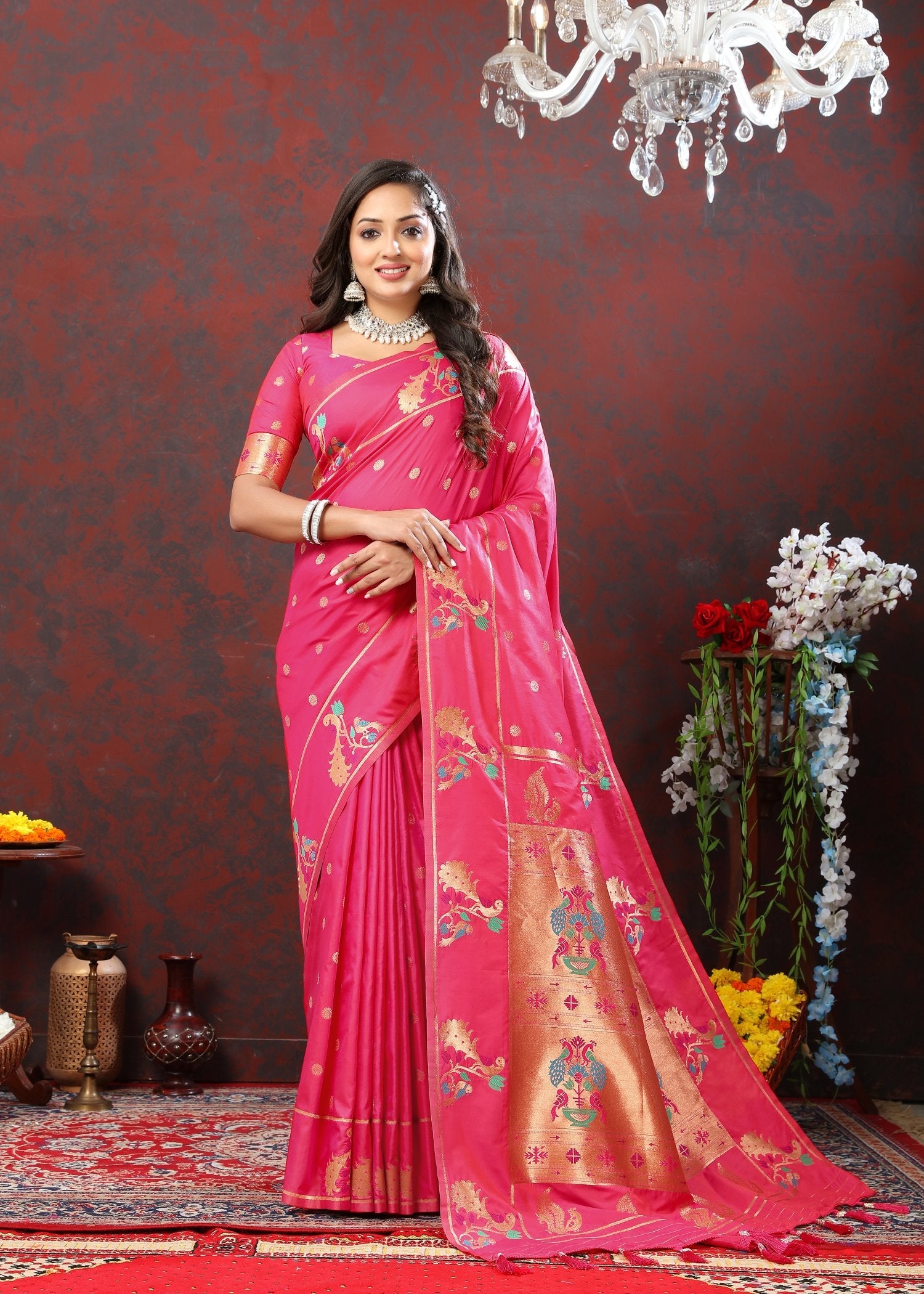 Smart Dark Pink Paithani Silk Saree With Pleasant Blouse Piece