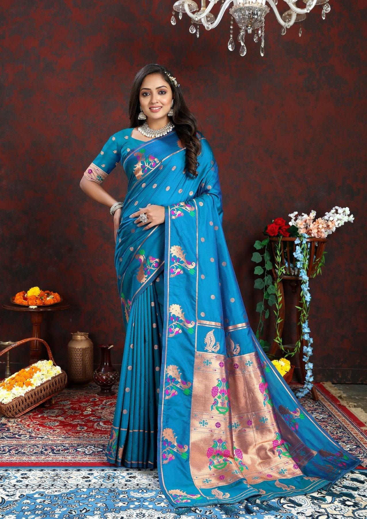 Most Flattering Firozi Paithani Silk Saree With Prominent Blouse Piece