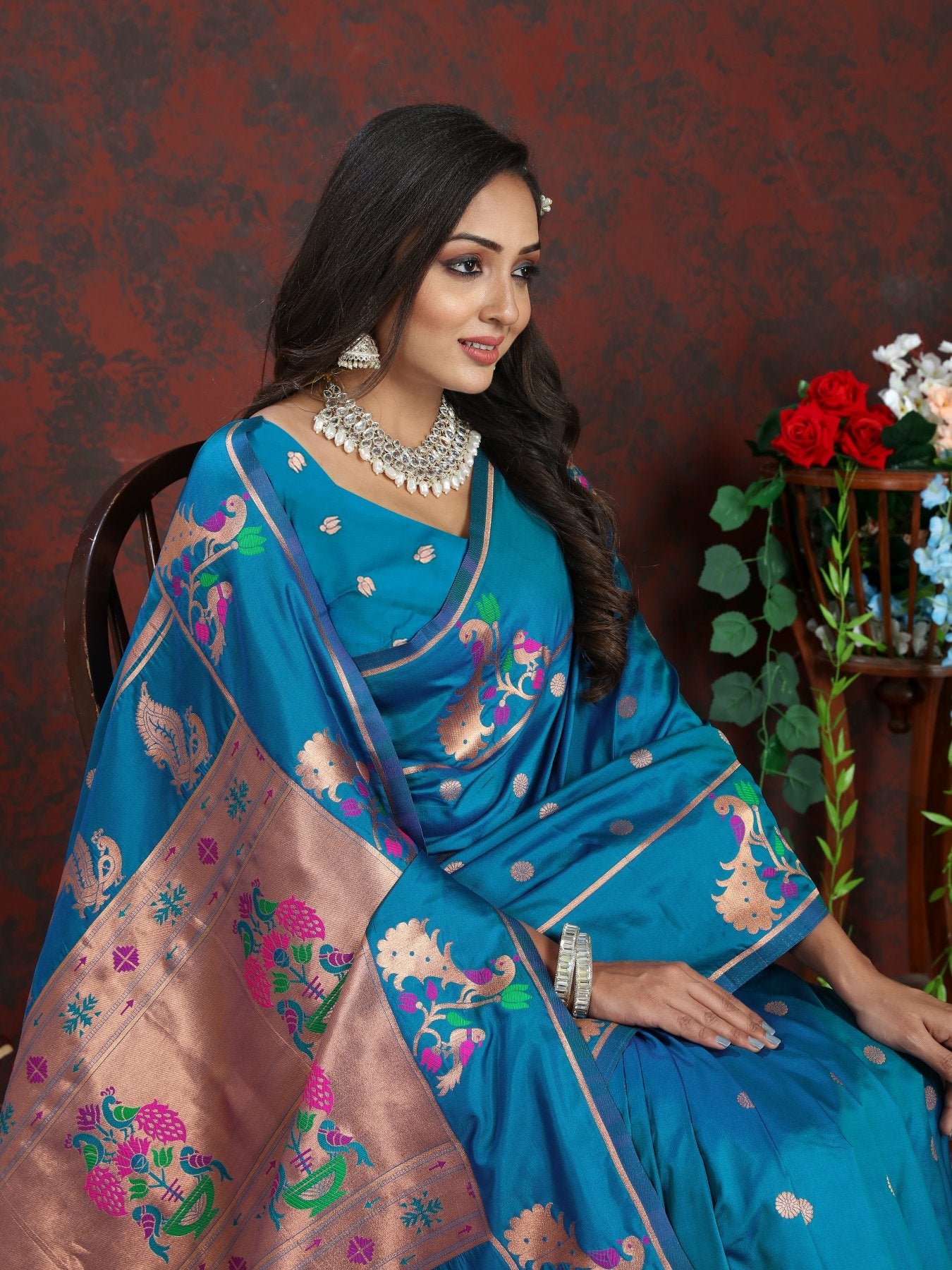 Most Flattering Firozi Paithani Silk Saree With Prominent Blouse Piece