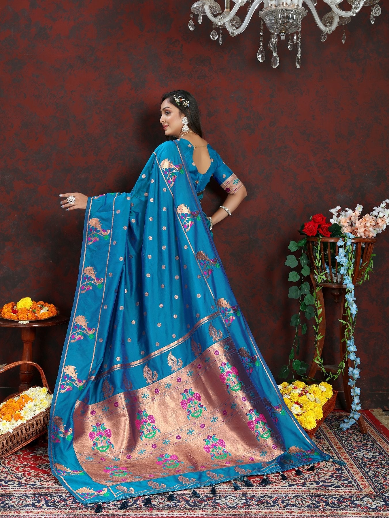 Most Flattering Firozi Paithani Silk Saree With Prominent Blouse Piece