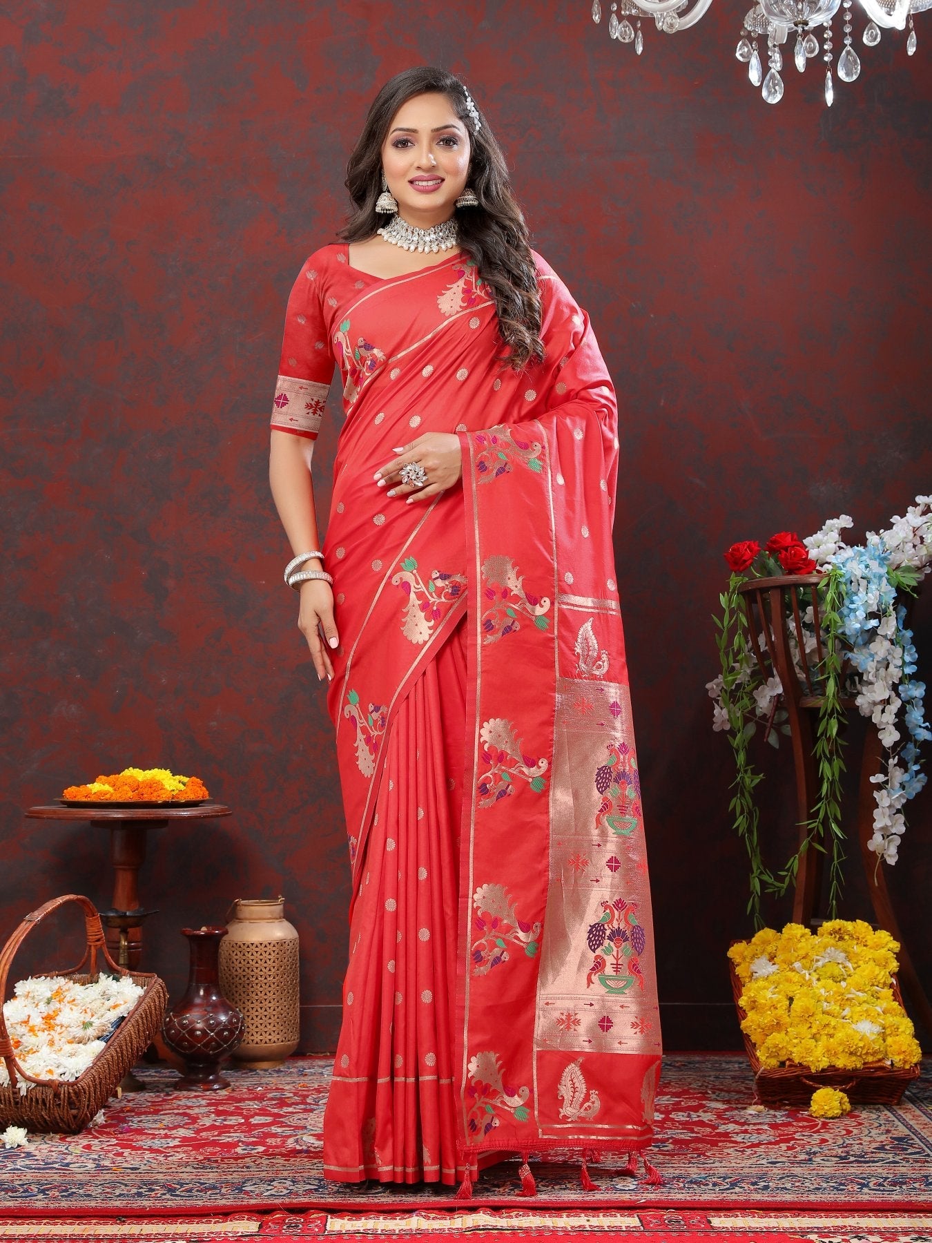 Twirling Red Paithani Silk Saree With Groovy Blouse Piece