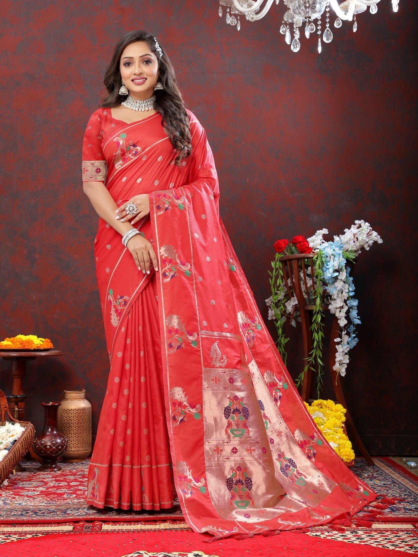 Twirling Red Paithani Silk Saree With Groovy Blouse Piece