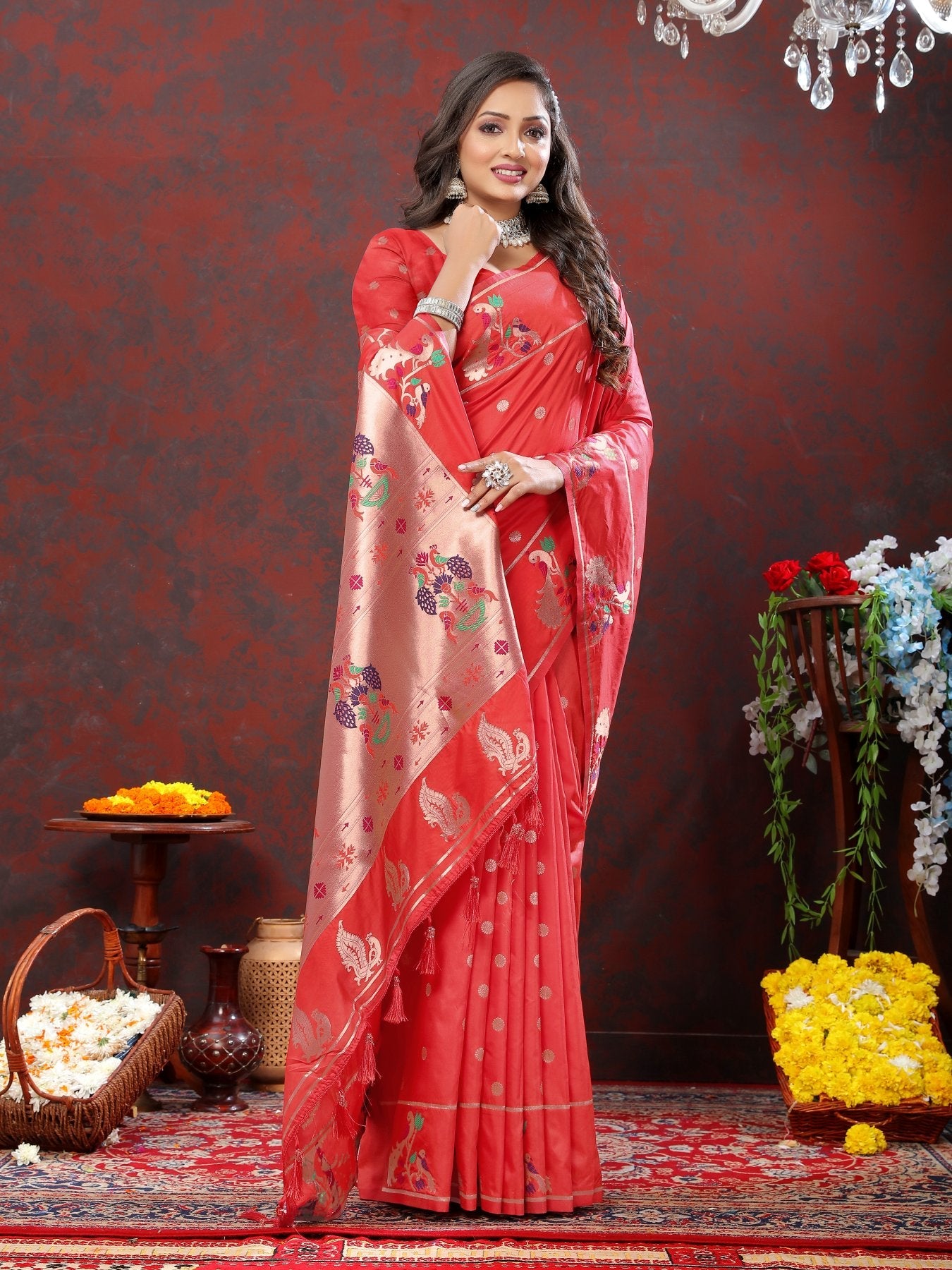 Twirling Red Paithani Silk Saree With Groovy Blouse Piece