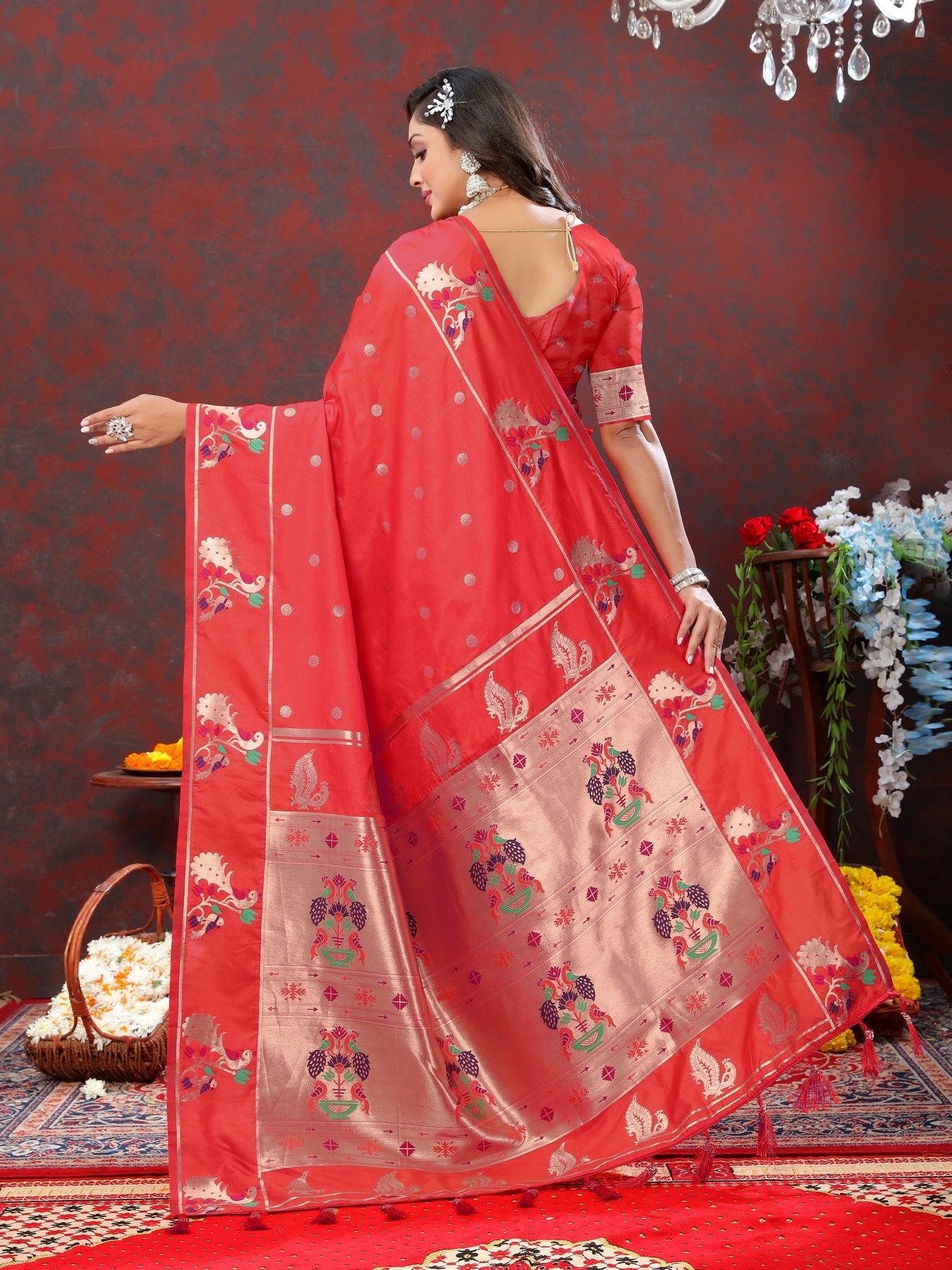 Twirling Red Paithani Silk Saree With Groovy Blouse Piece