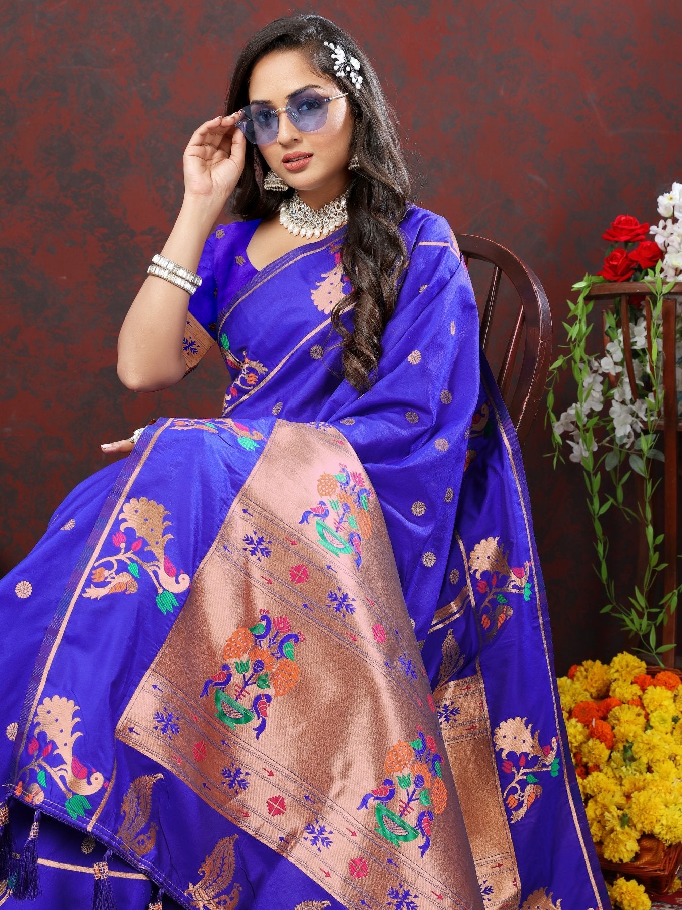 Designer Royal Blue Paithani Silk Saree With Preferable Blouse Piece