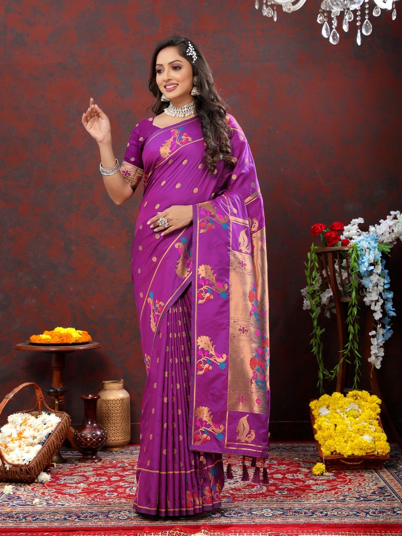 Most Stunning Wine Paithani Silk Saree With Opulent Blouse Piece