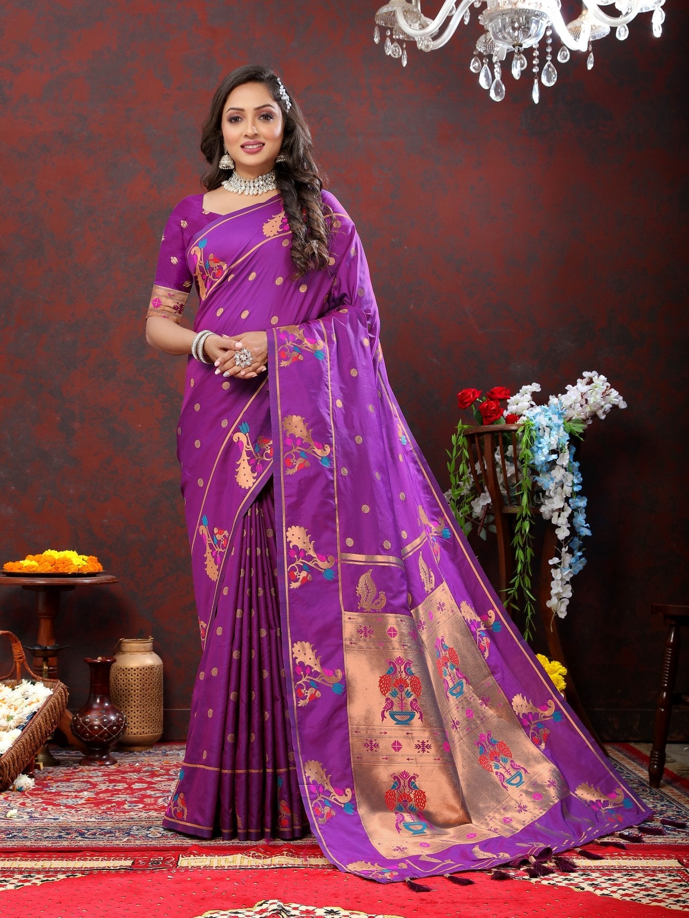 Most Stunning Wine Paithani Silk Saree With Opulent Blouse Piece