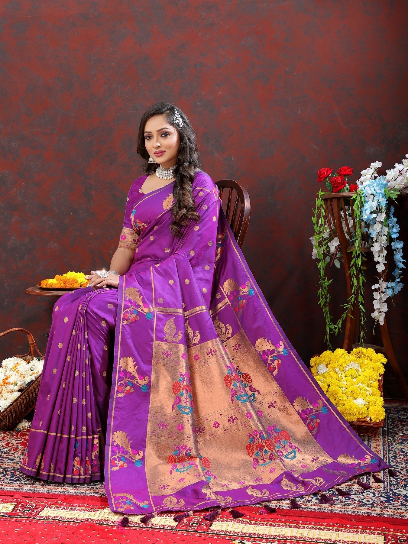 Most Stunning Wine Paithani Silk Saree With Opulent Blouse Piece