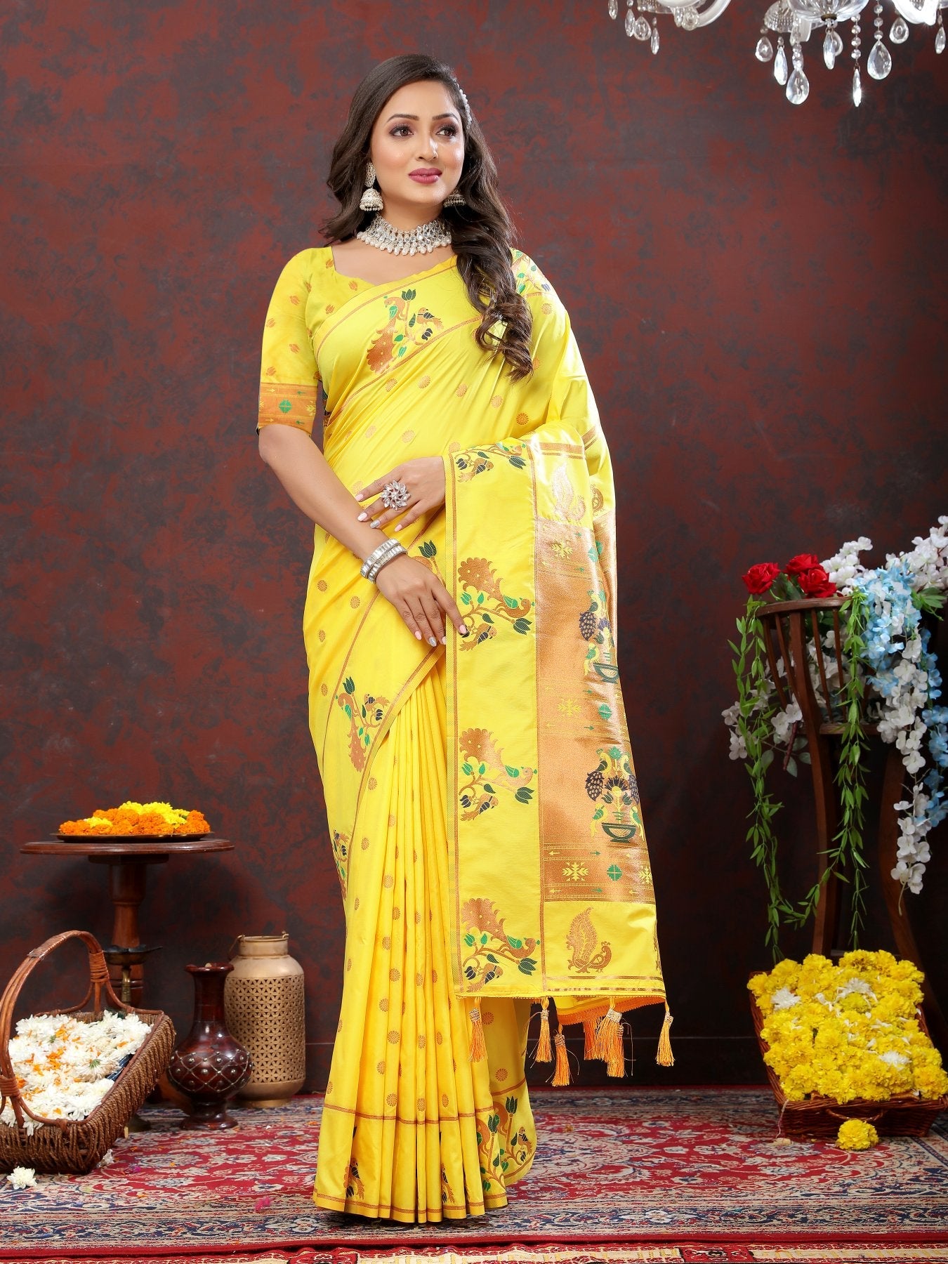 Prettiest Yellow Paithani Silk Saree With Radiant Blouse Piece