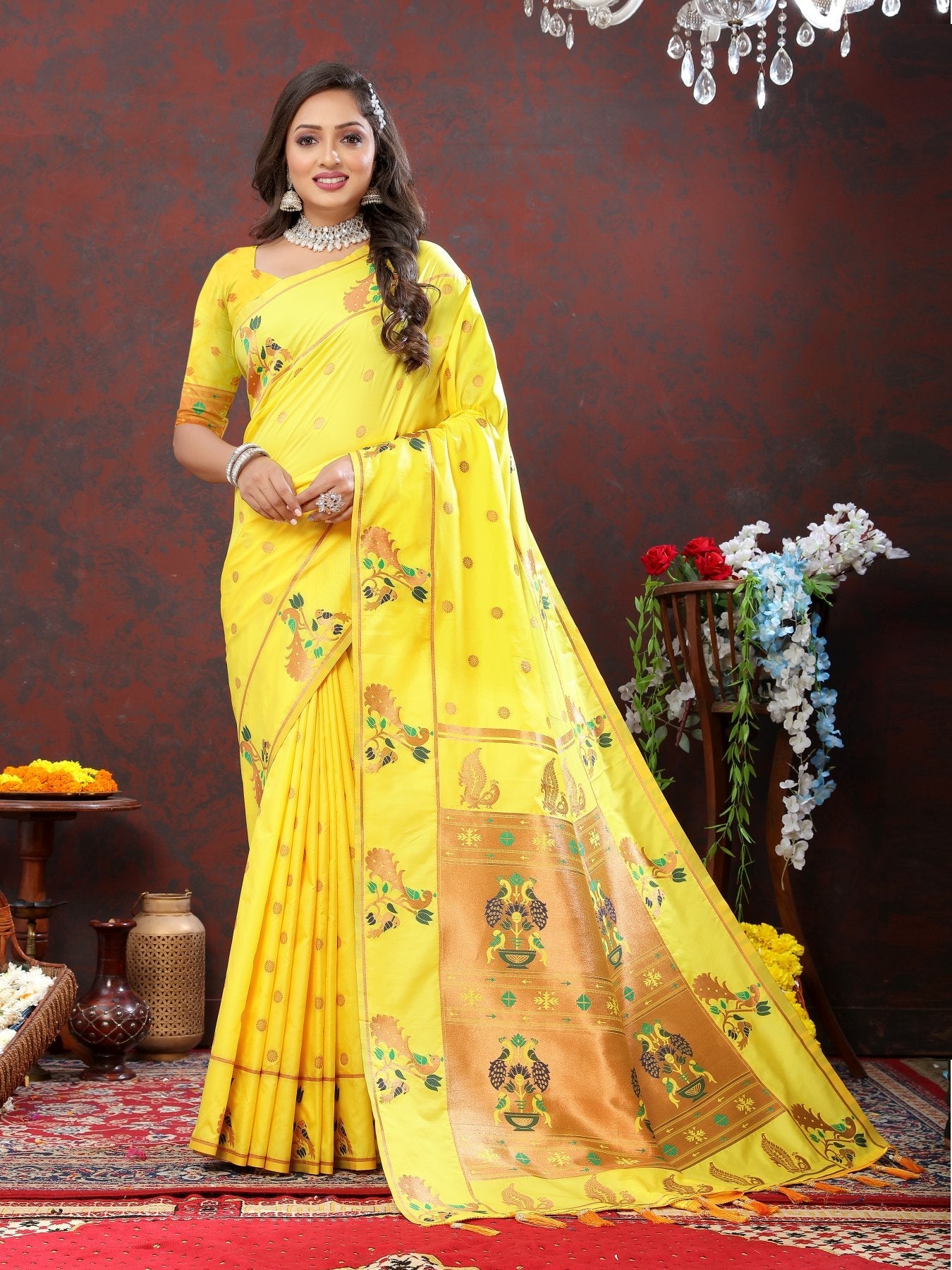 Prettiest Yellow Paithani Silk Saree With Radiant Blouse Piece