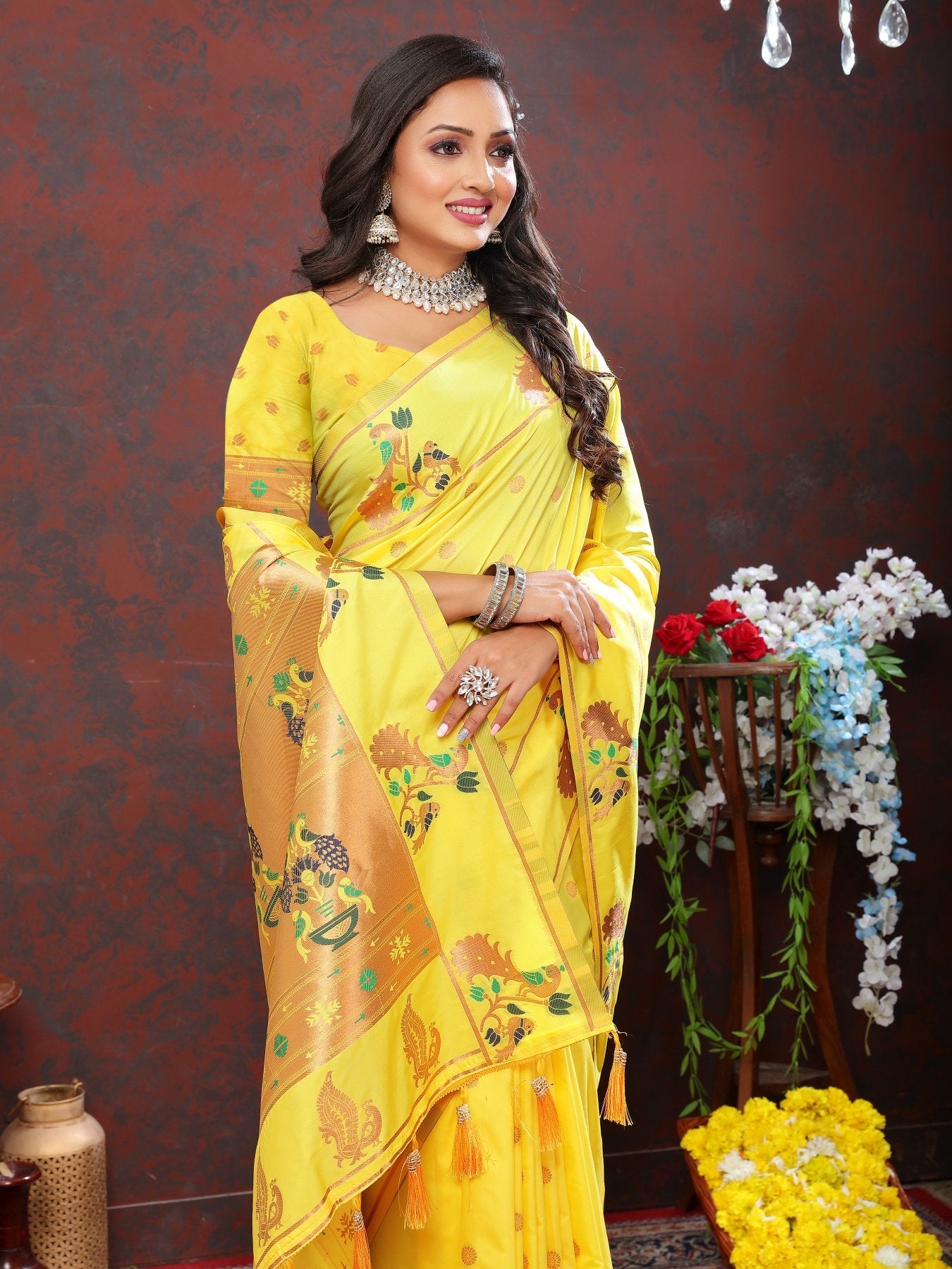 Prettiest Yellow Paithani Silk Saree With Radiant Blouse Piece