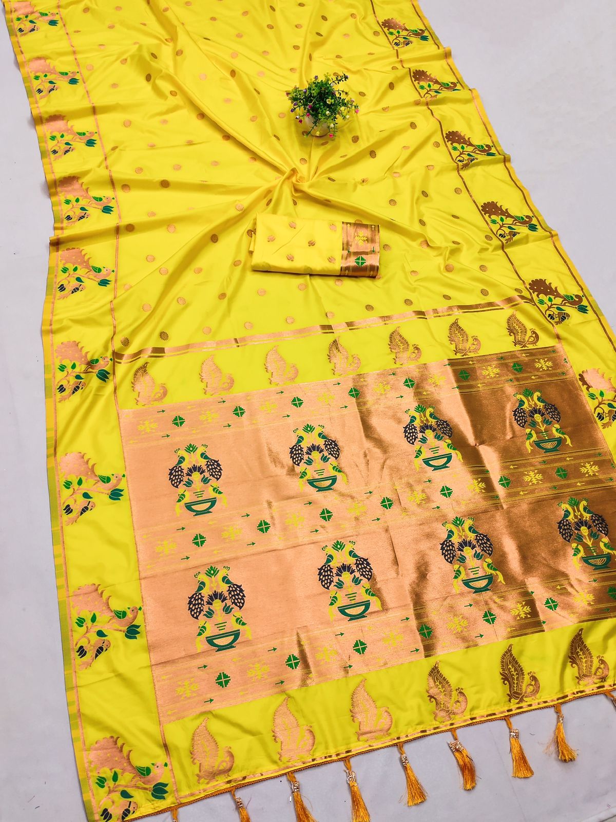 Prettiest Yellow Paithani Silk Saree With Radiant Blouse Piece