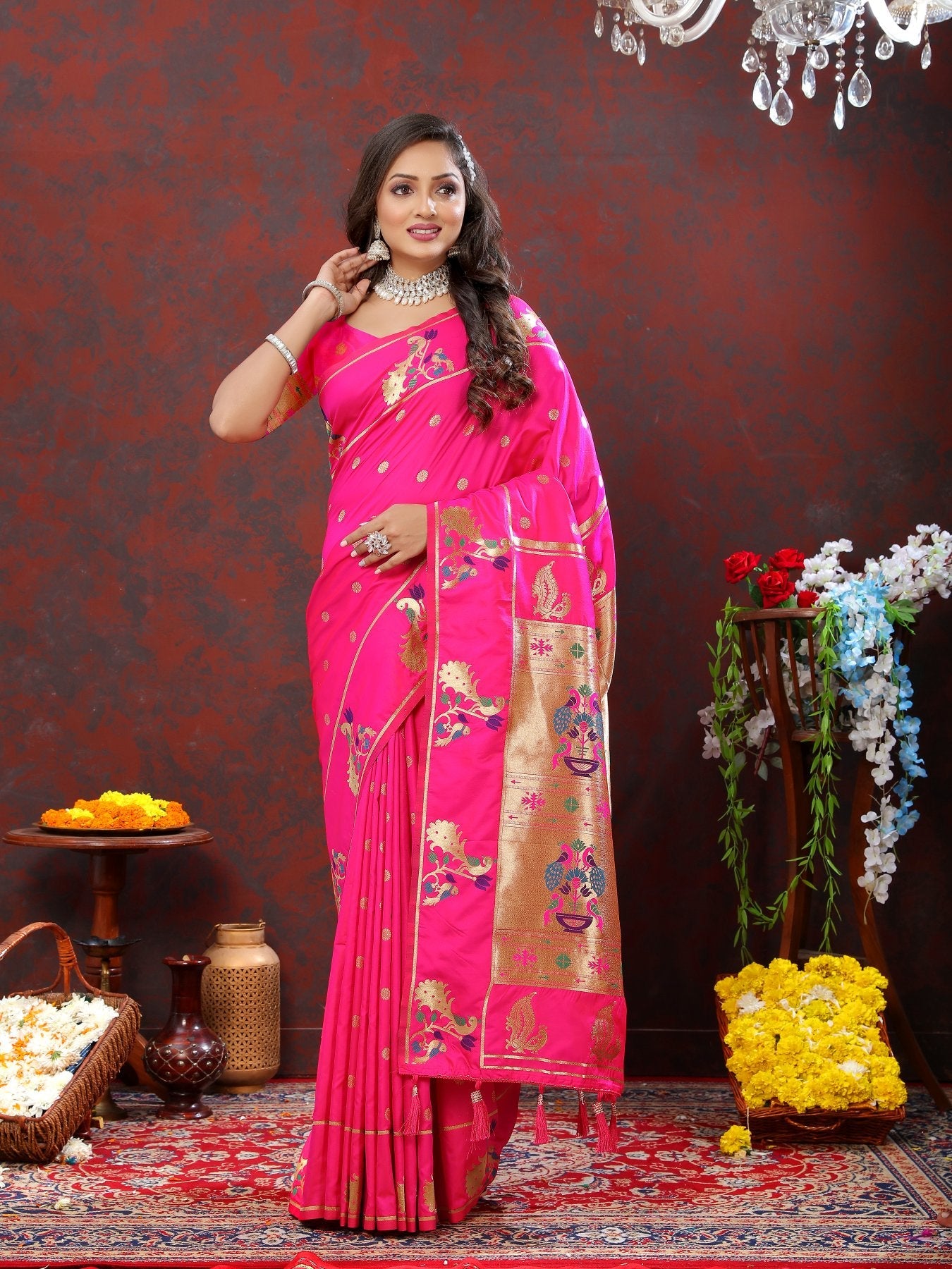 Desiring Dark Pink Paithani Silk Saree With Fancifull Blouse Piece