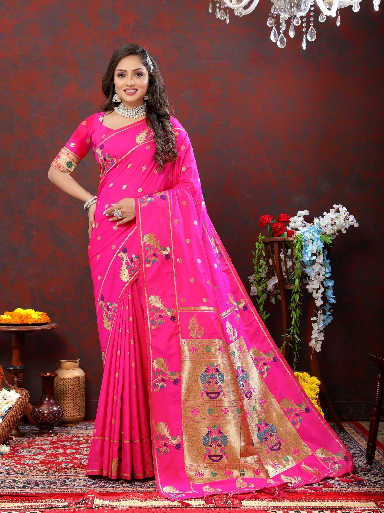 Desiring Dark Pink Paithani Silk Saree With Fancifull Blouse Piece