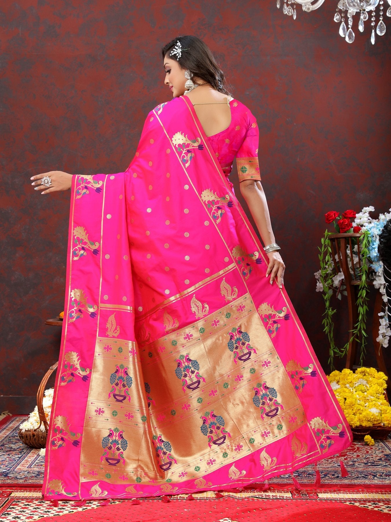 Desiring Dark Pink Paithani Silk Saree With Fancifull Blouse Piece