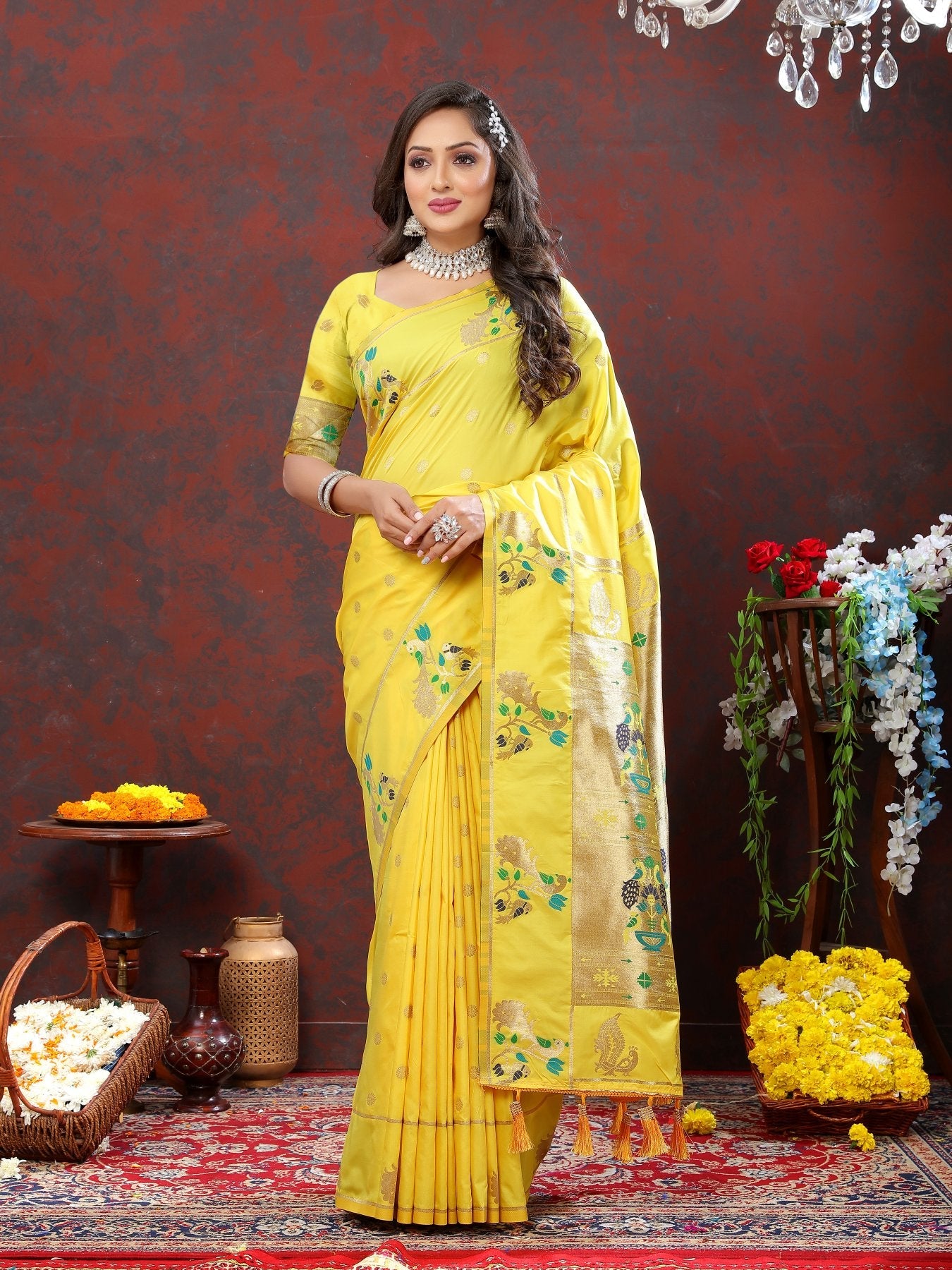 Fairytale Lemon Paithani Silk Saree With Mesmeric Blouse Piece