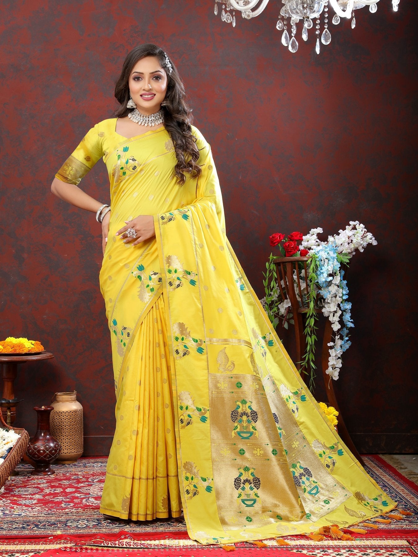 Fairytale Lemon Paithani Silk Saree With Mesmeric Blouse Piece