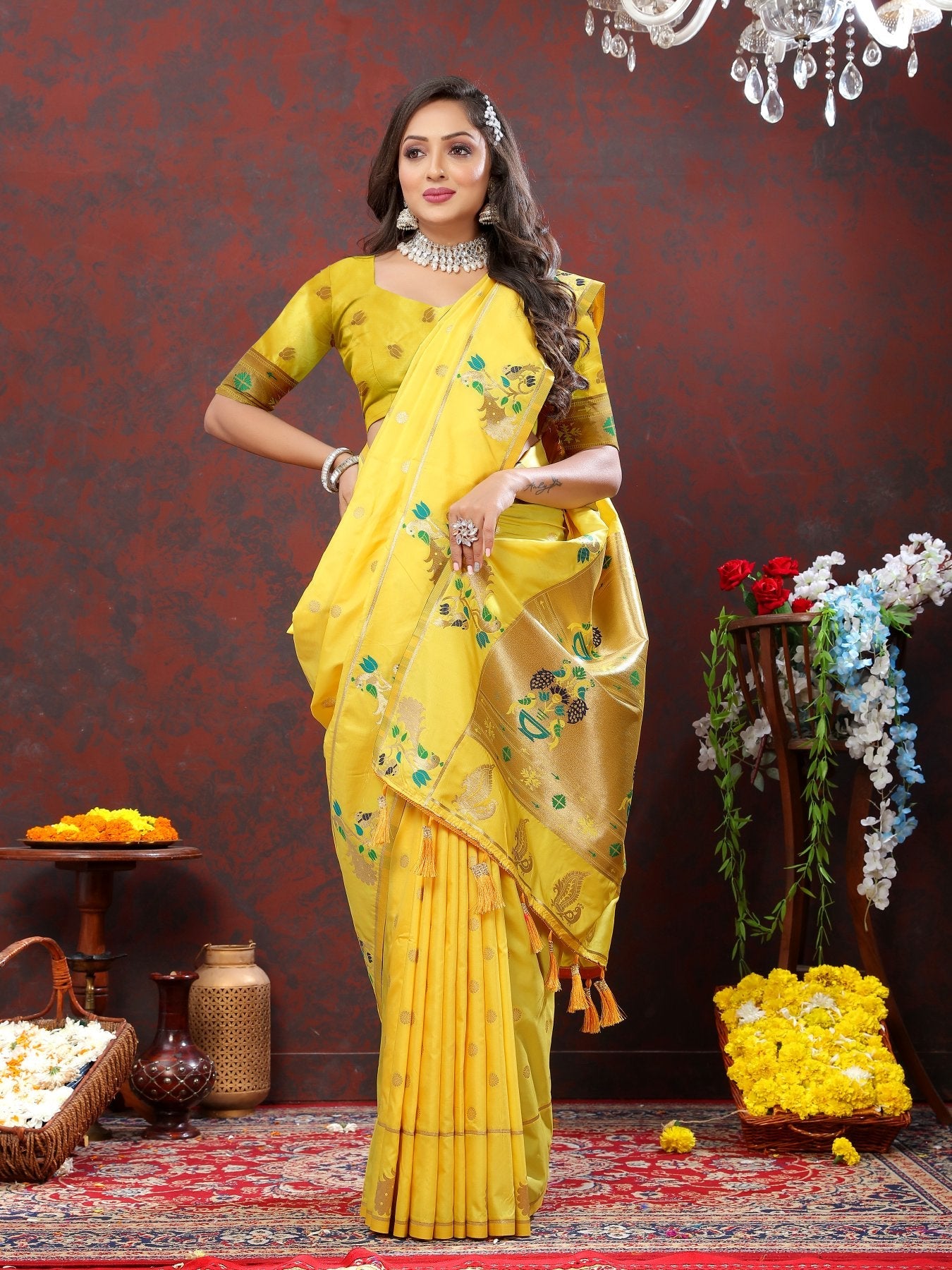 Fairytale Lemon Paithani Silk Saree With Mesmeric Blouse Piece