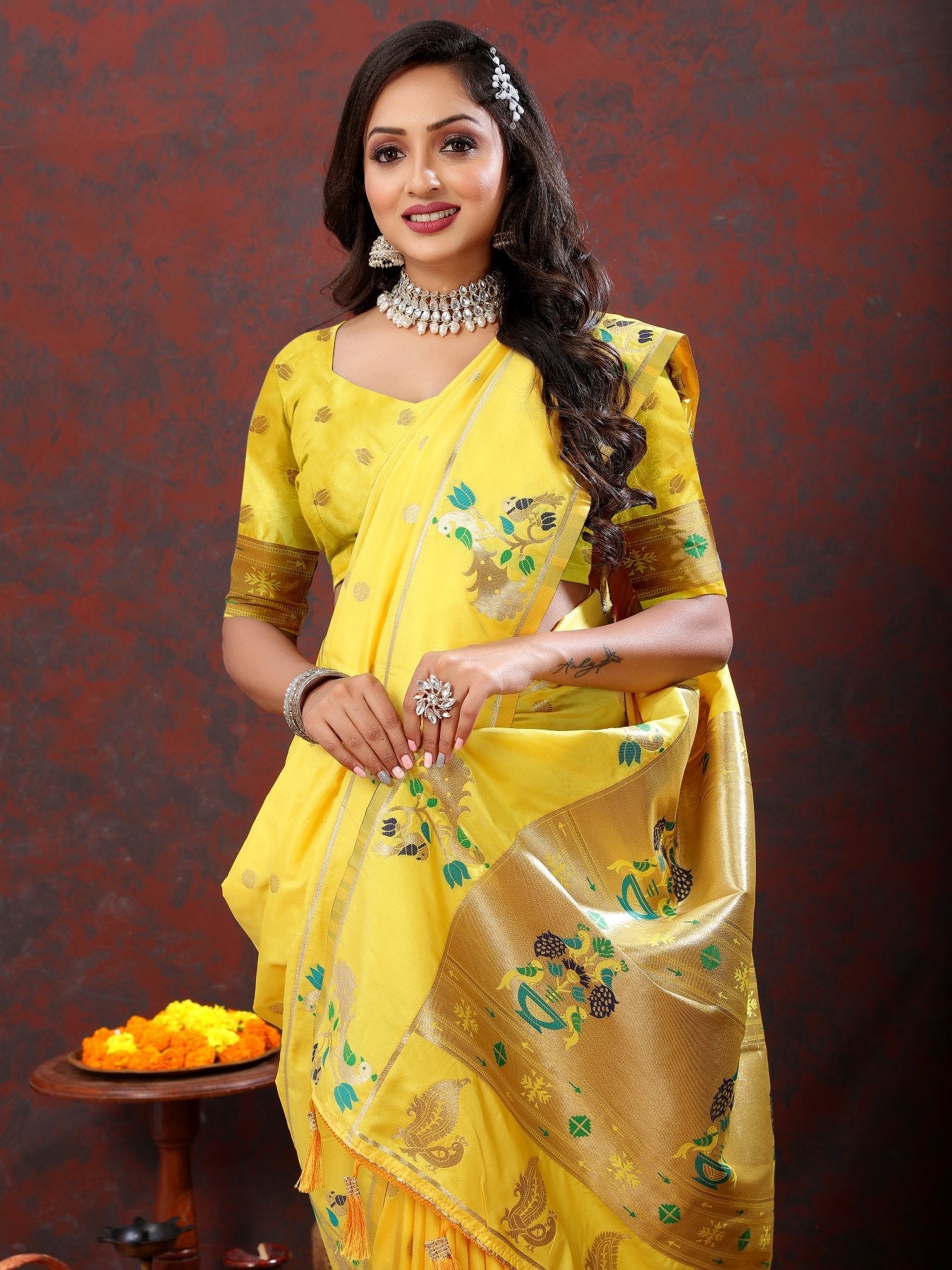 Fairytale Lemon Paithani Silk Saree With Mesmeric Blouse Piece