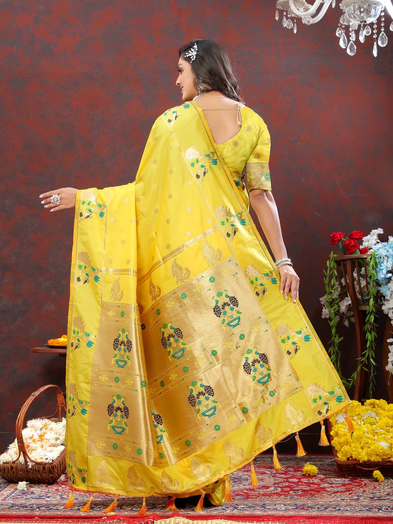 Fairytale Lemon Paithani Silk Saree With Mesmeric Blouse Piece