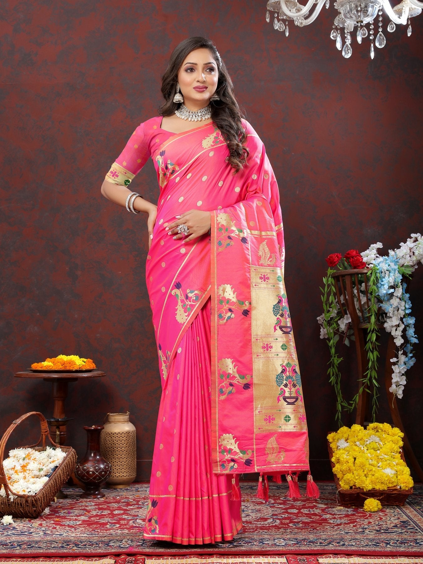 Jazzy Light Pink Paithani Silk Saree With Flameboyant Blouse Piece