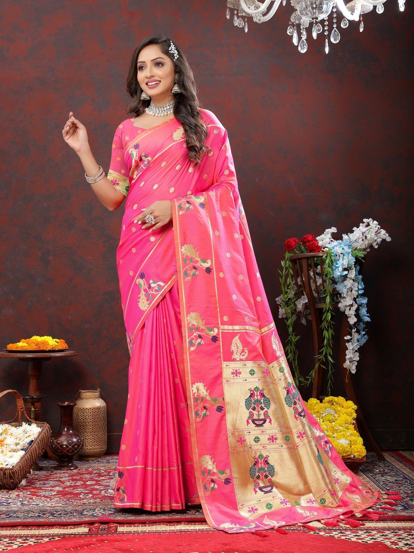 Jazzy Light Pink Paithani Silk Saree With Flameboyant Blouse Piece