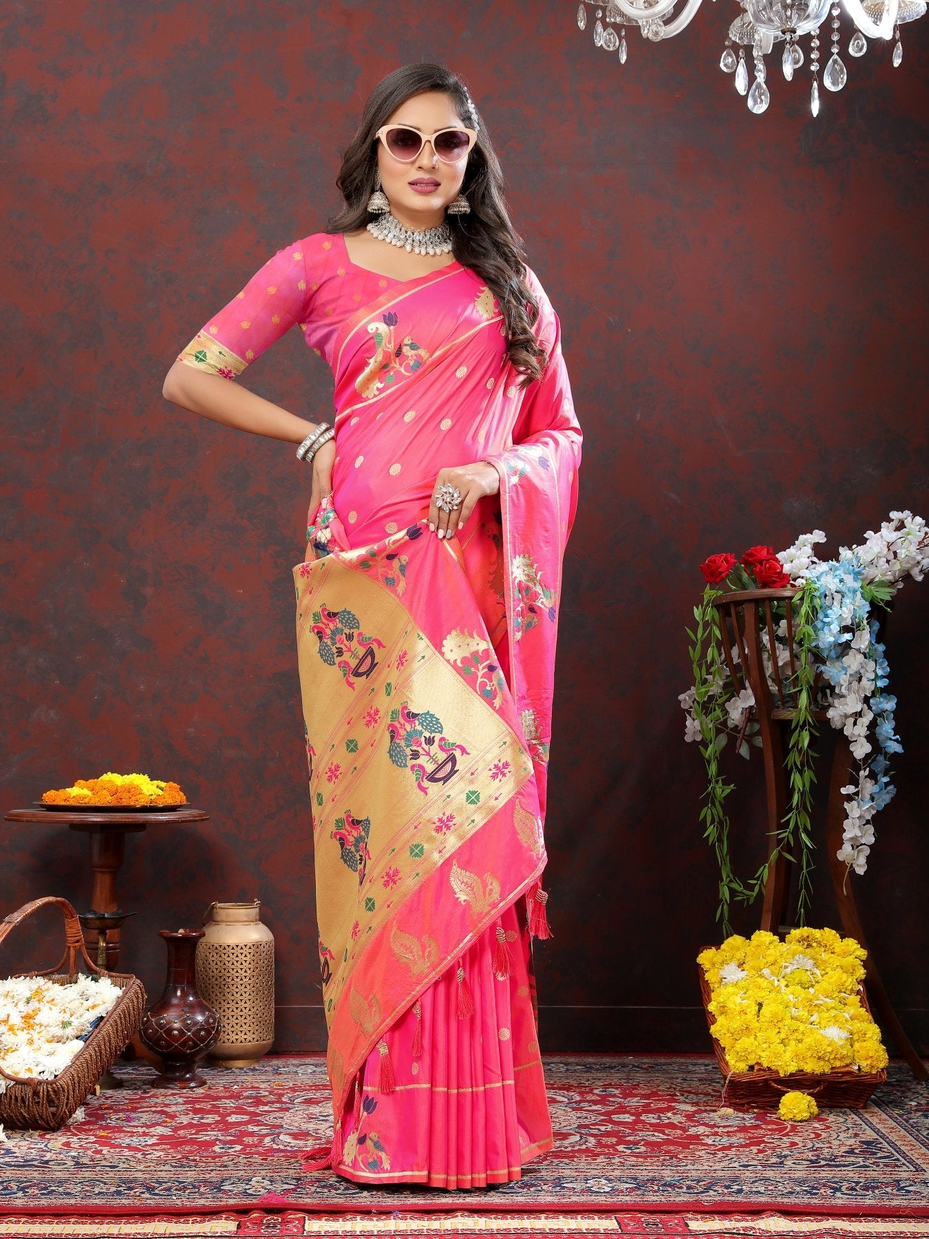 Jazzy Light Pink Paithani Silk Saree With Flameboyant Blouse Piece