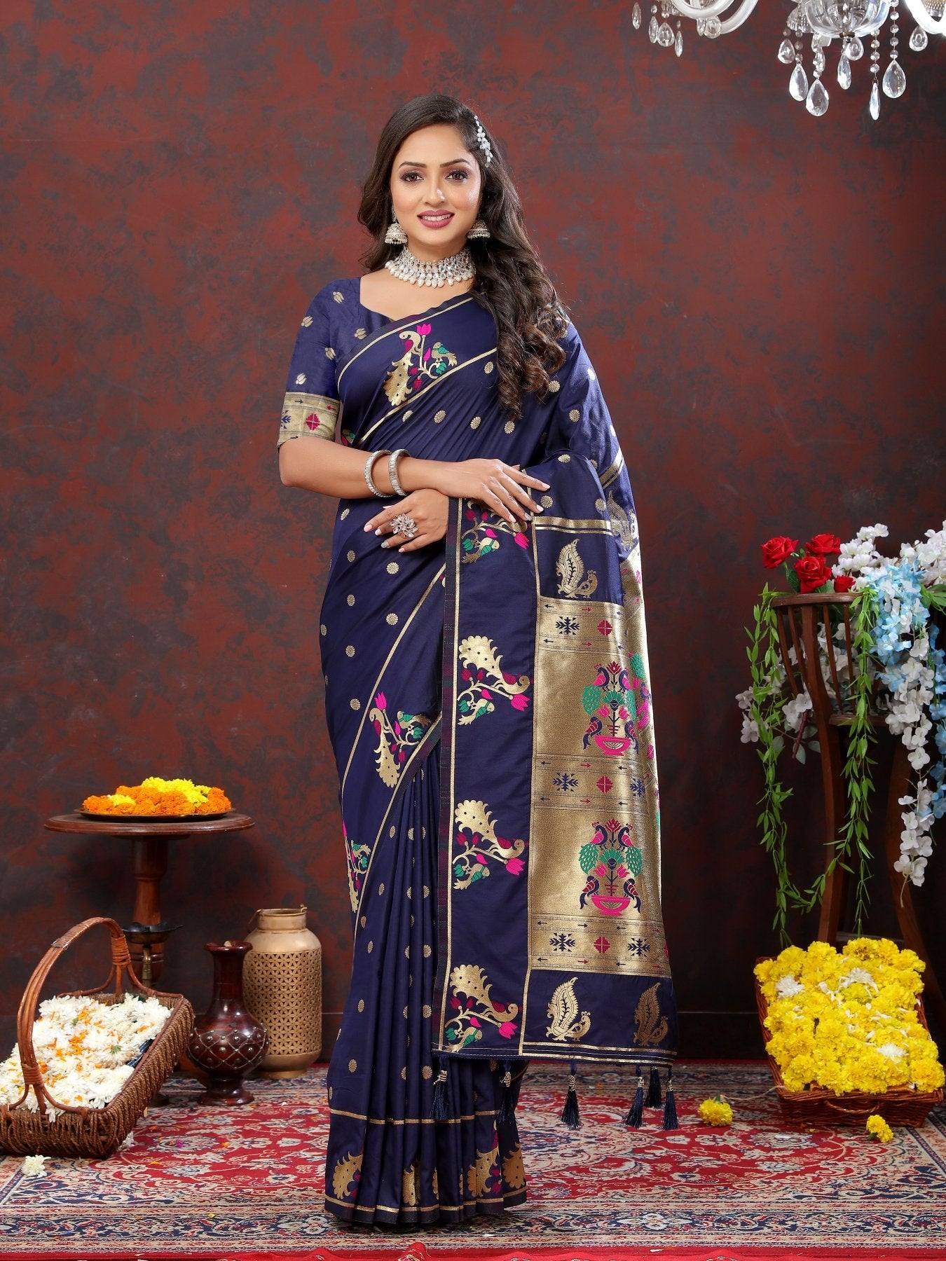 Surpassing Navy Blue Paithani Silk Saree With Delightful Blouse Piece