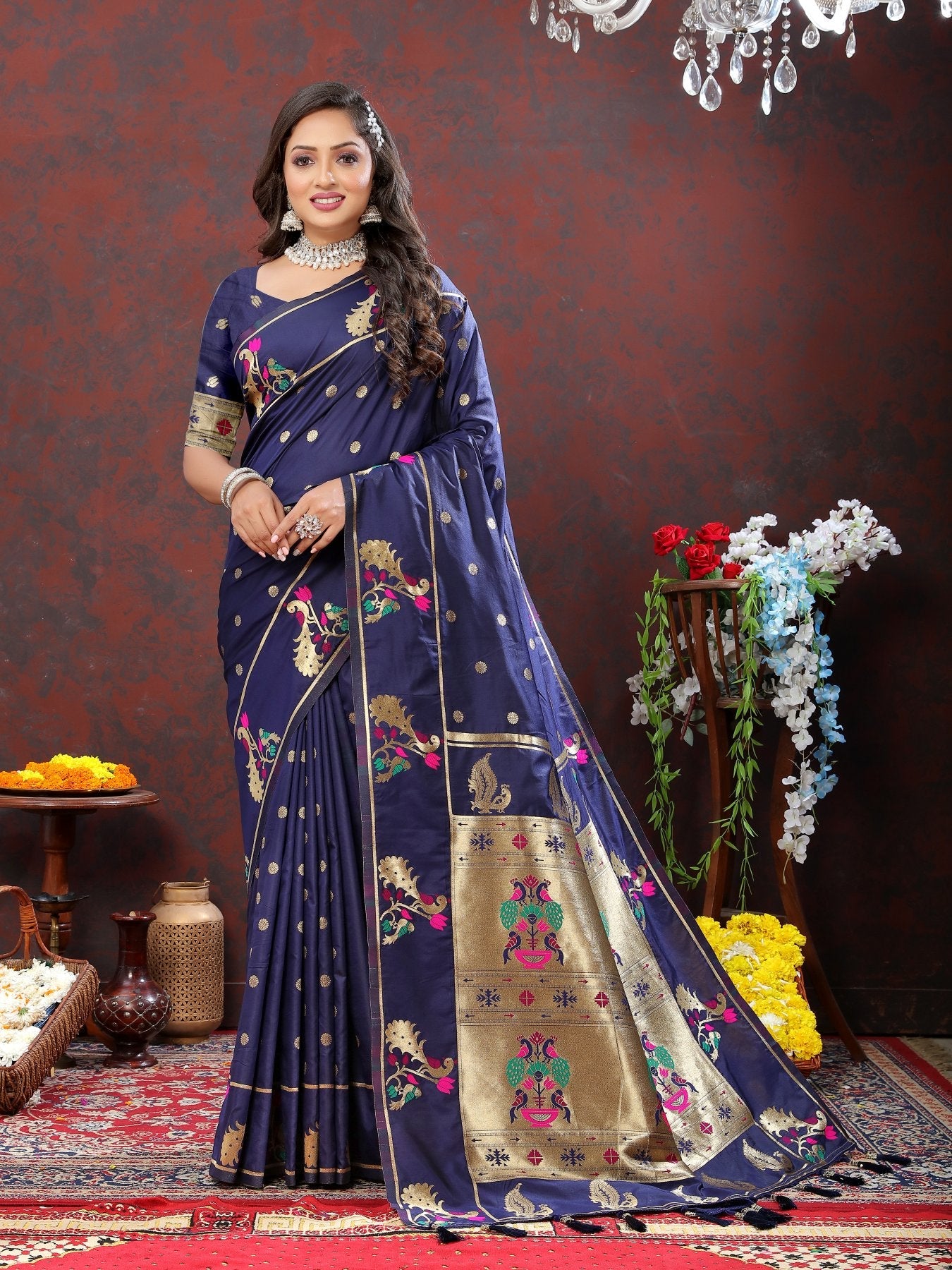 Surpassing Navy Blue Paithani Silk Saree With Delightful Blouse Piece