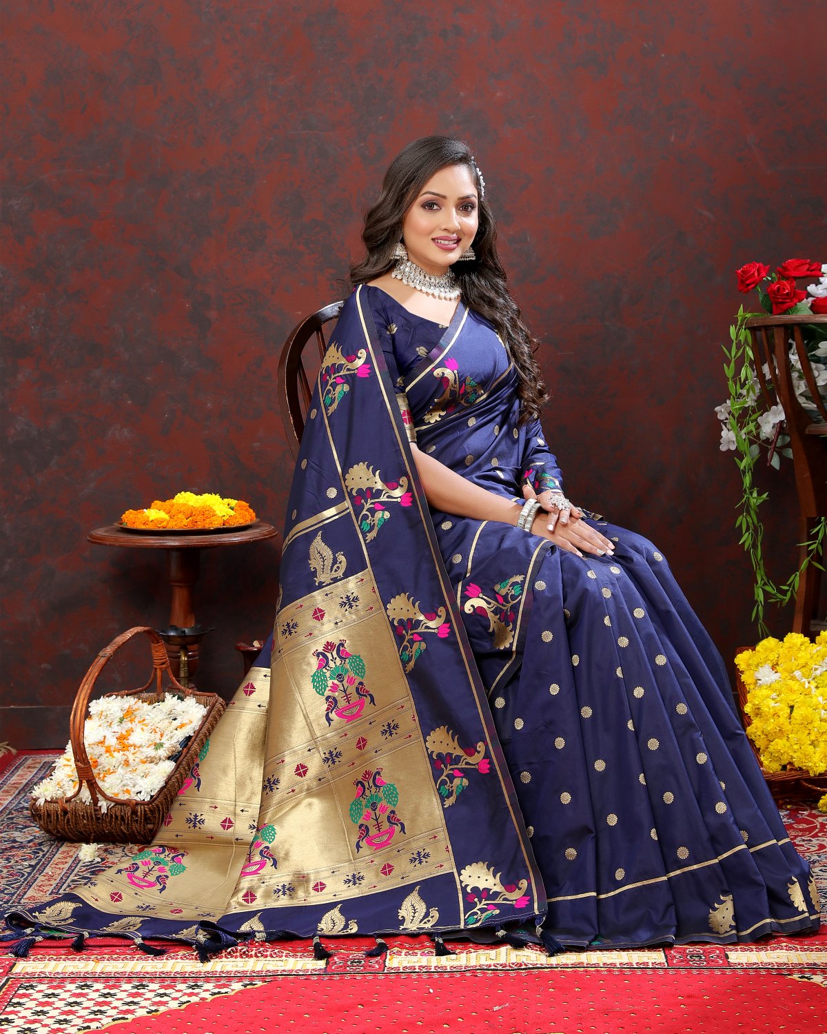 Surpassing Navy Blue Paithani Silk Saree With Delightful Blouse Piece