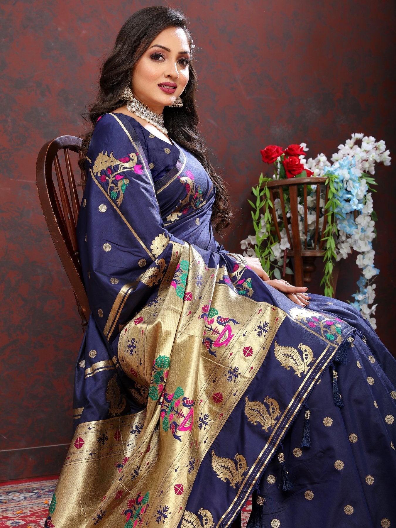 Surpassing Navy Blue Paithani Silk Saree With Delightful Blouse Piece