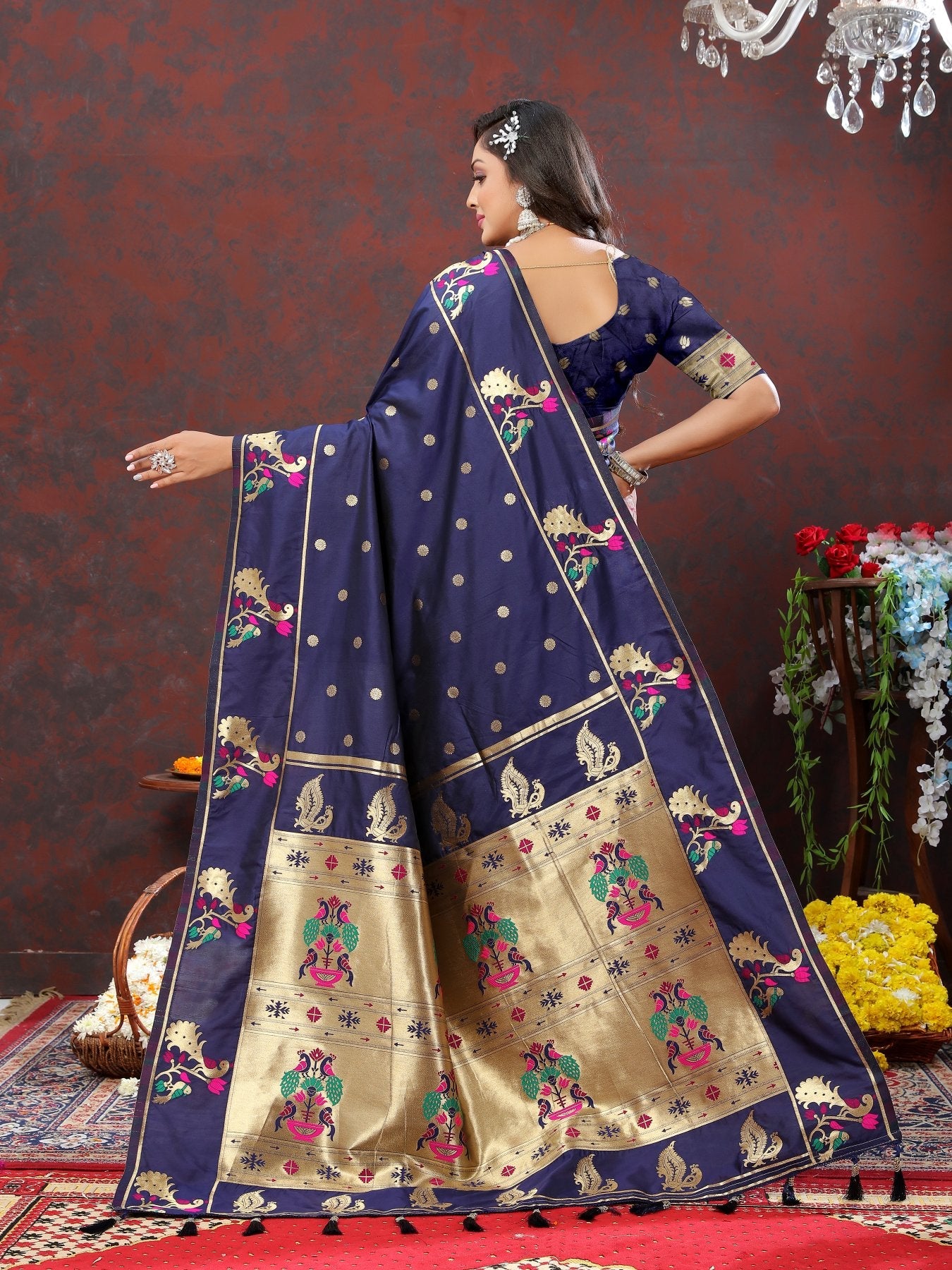 Surpassing Navy Blue Paithani Silk Saree With Delightful Blouse Piece