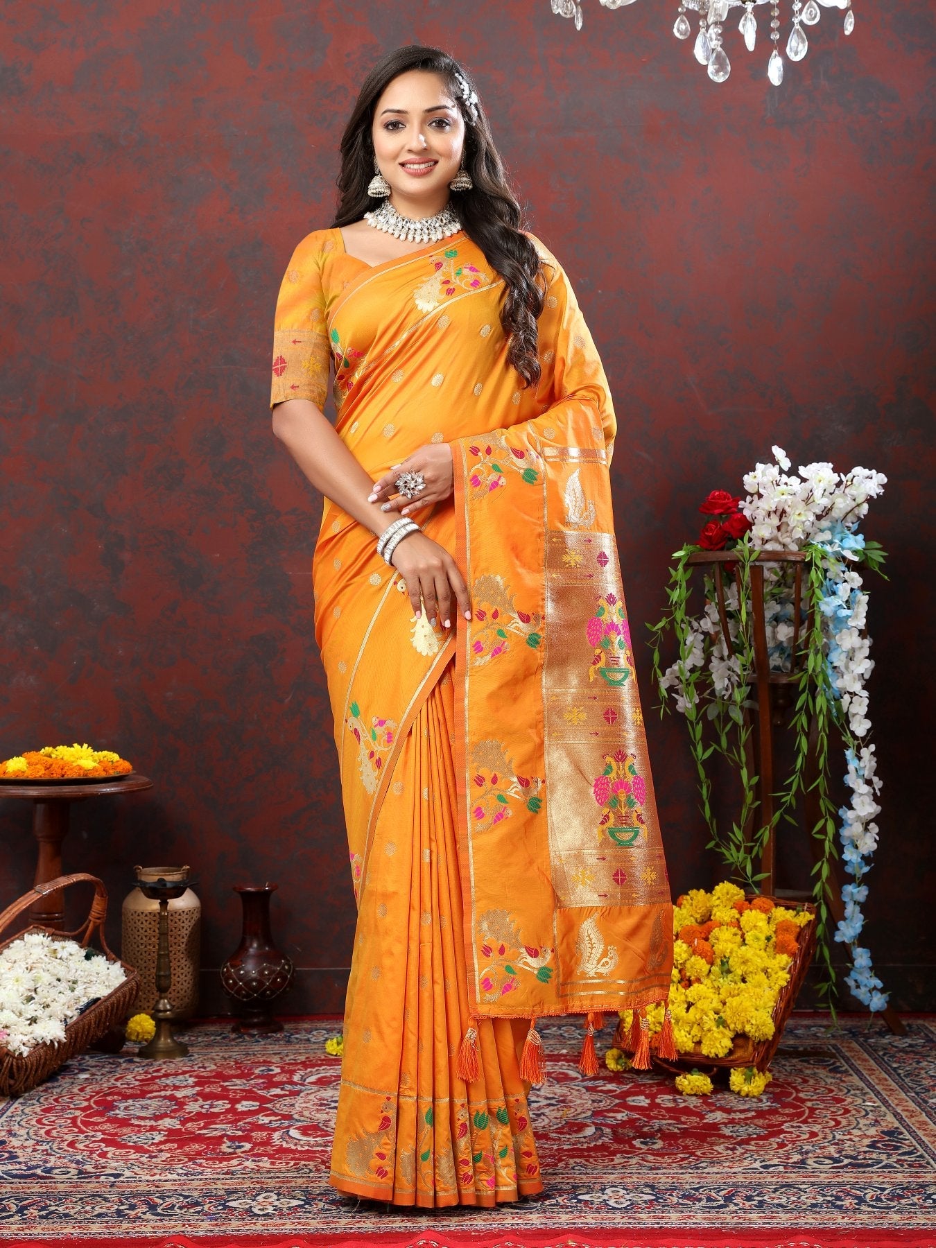 An insanely Orange Paithani Silk Saree With Blissful Blouse Piece