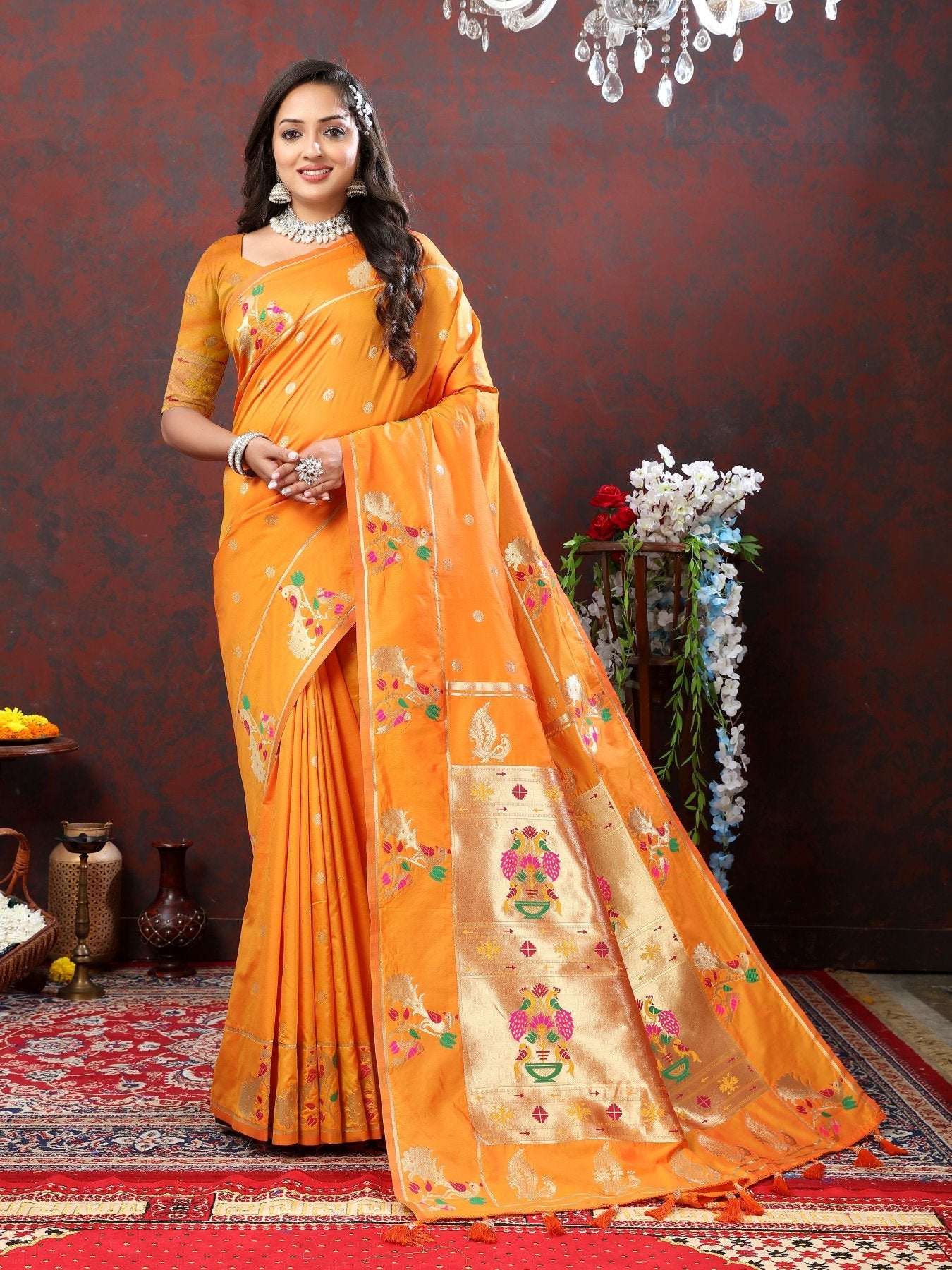 An insanely Orange Paithani Silk Saree With Blissful Blouse Piece