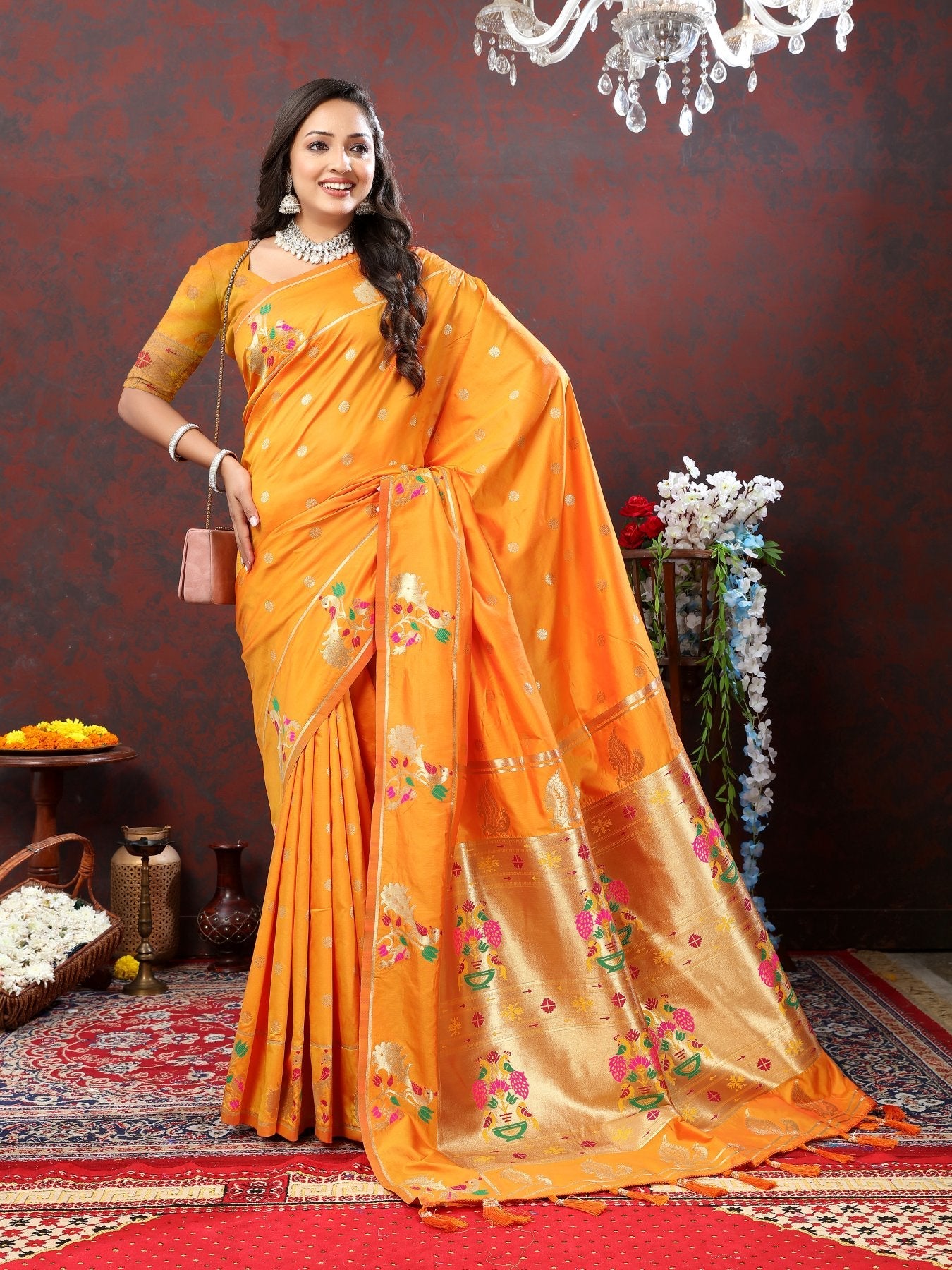 An insanely Orange Paithani Silk Saree With Blissful Blouse Piece