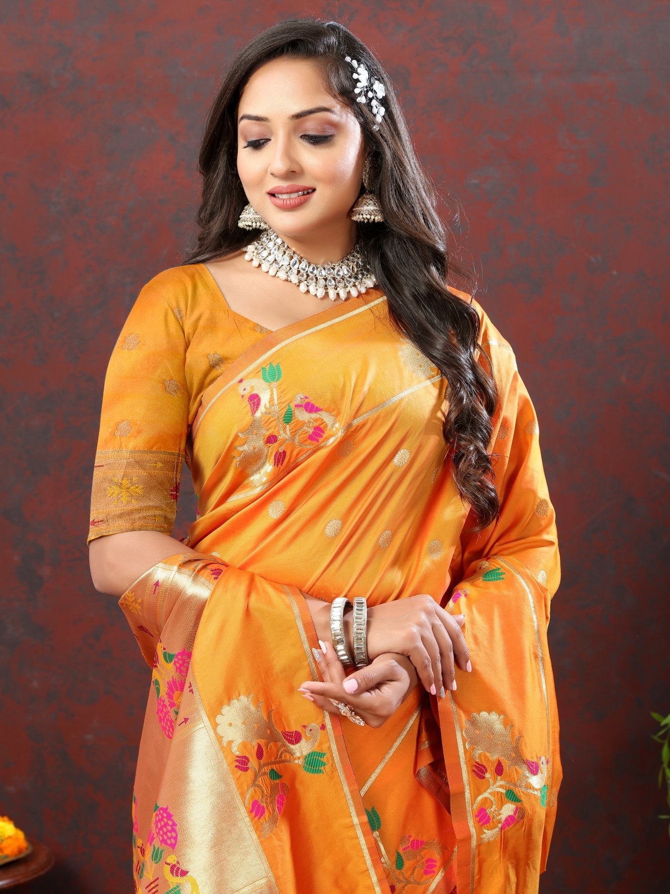 An insanely Orange Paithani Silk Saree With Blissful Blouse Piece