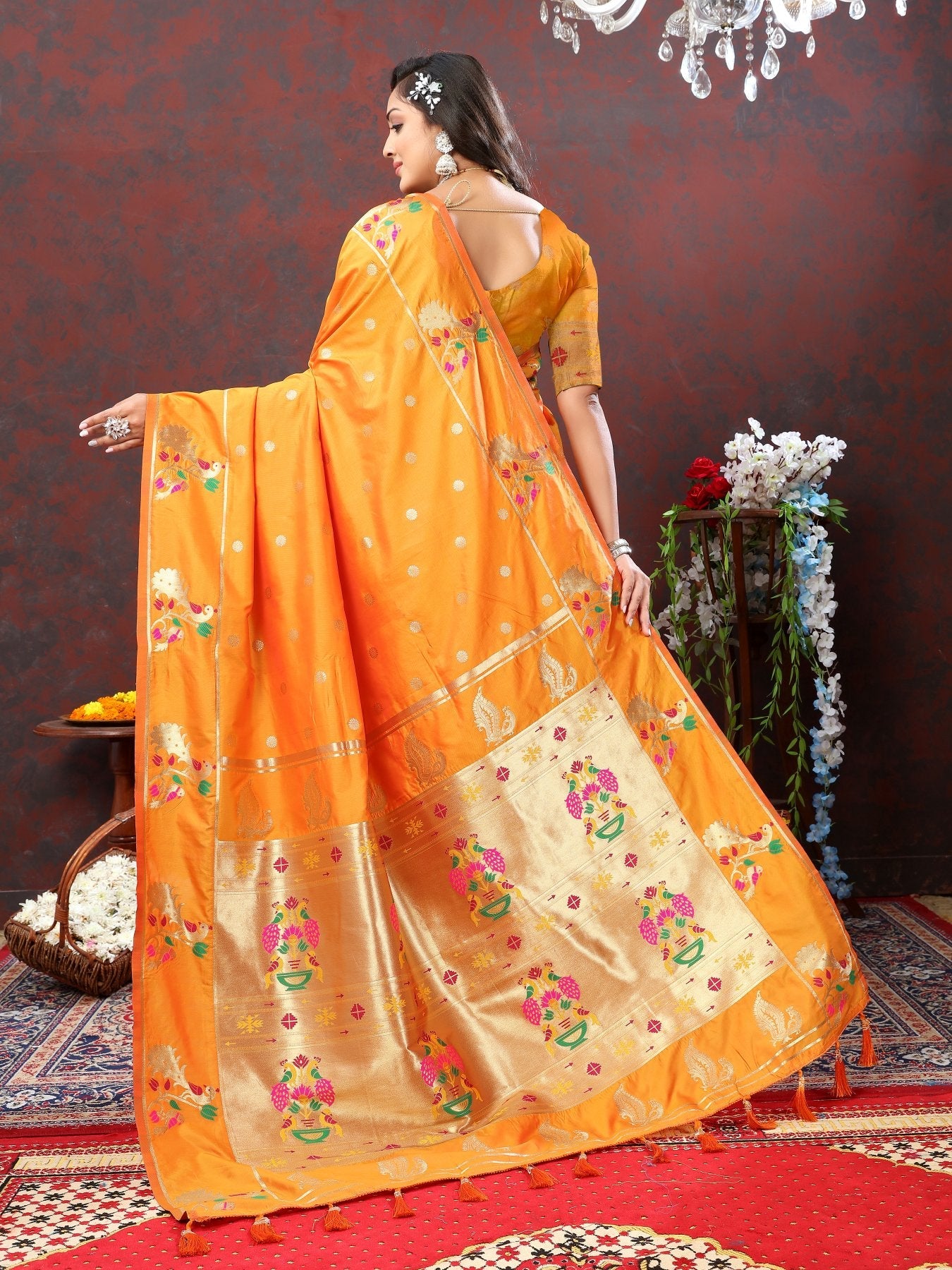 An insanely Orange Paithani Silk Saree With Blissful Blouse Piece