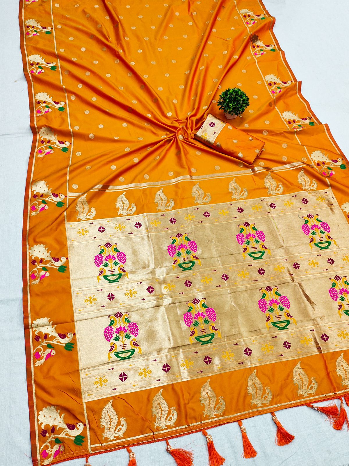 An insanely Orange Paithani Silk Saree With Blissful Blouse Piece