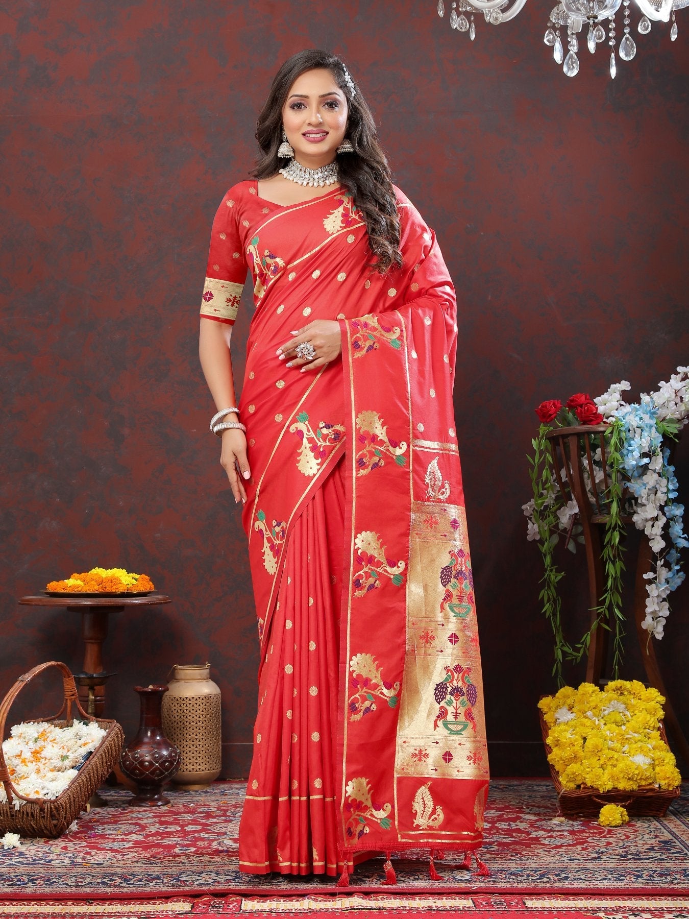 A dreamy Red Paithani Silk Saree With Delightful Blouse Piece