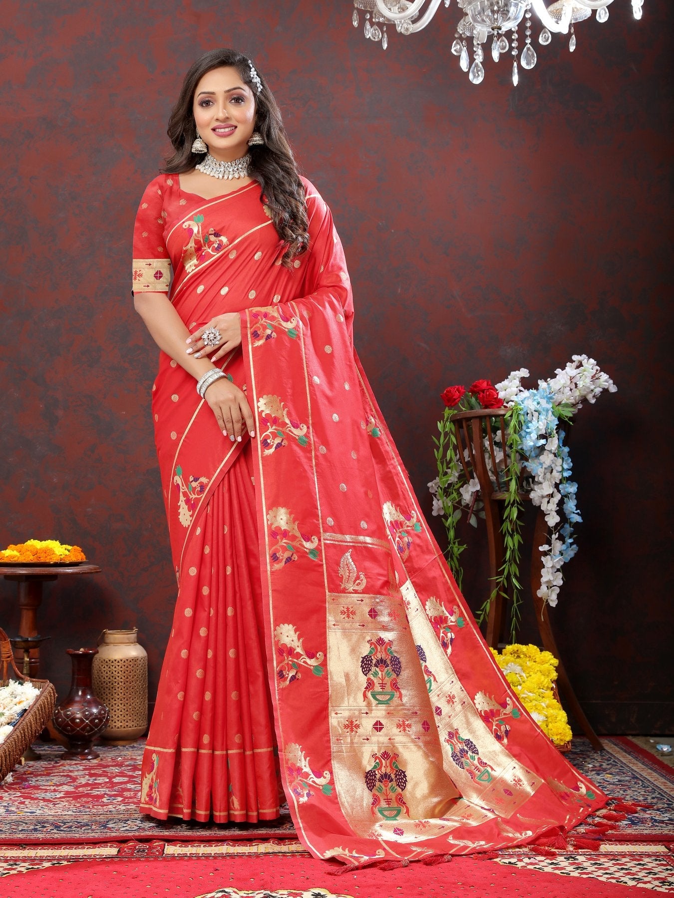 A dreamy Red Paithani Silk Saree With Delightful Blouse Piece