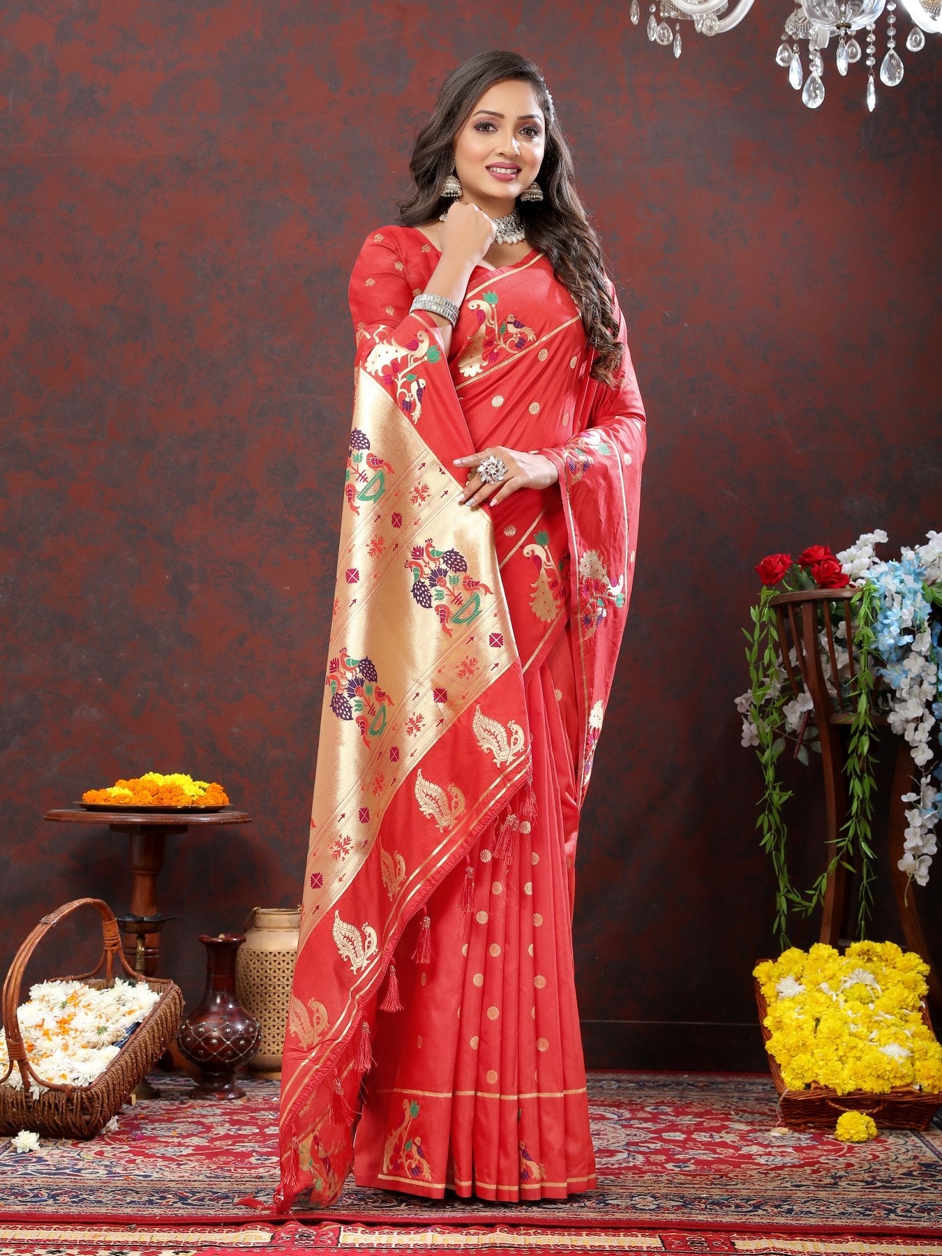 A dreamy Red Paithani Silk Saree With Delightful Blouse Piece