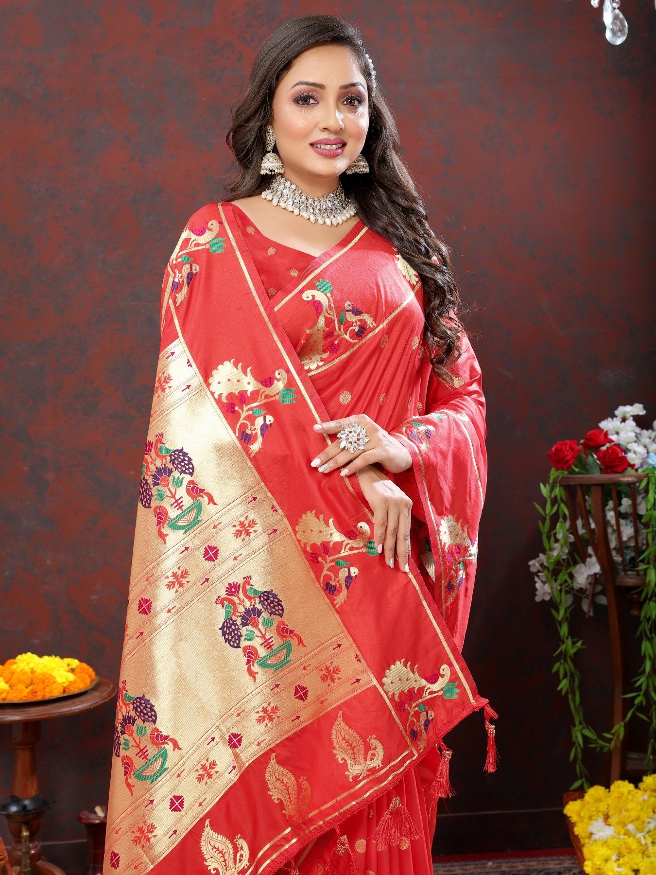 A dreamy Red Paithani Silk Saree With Delightful Blouse Piece