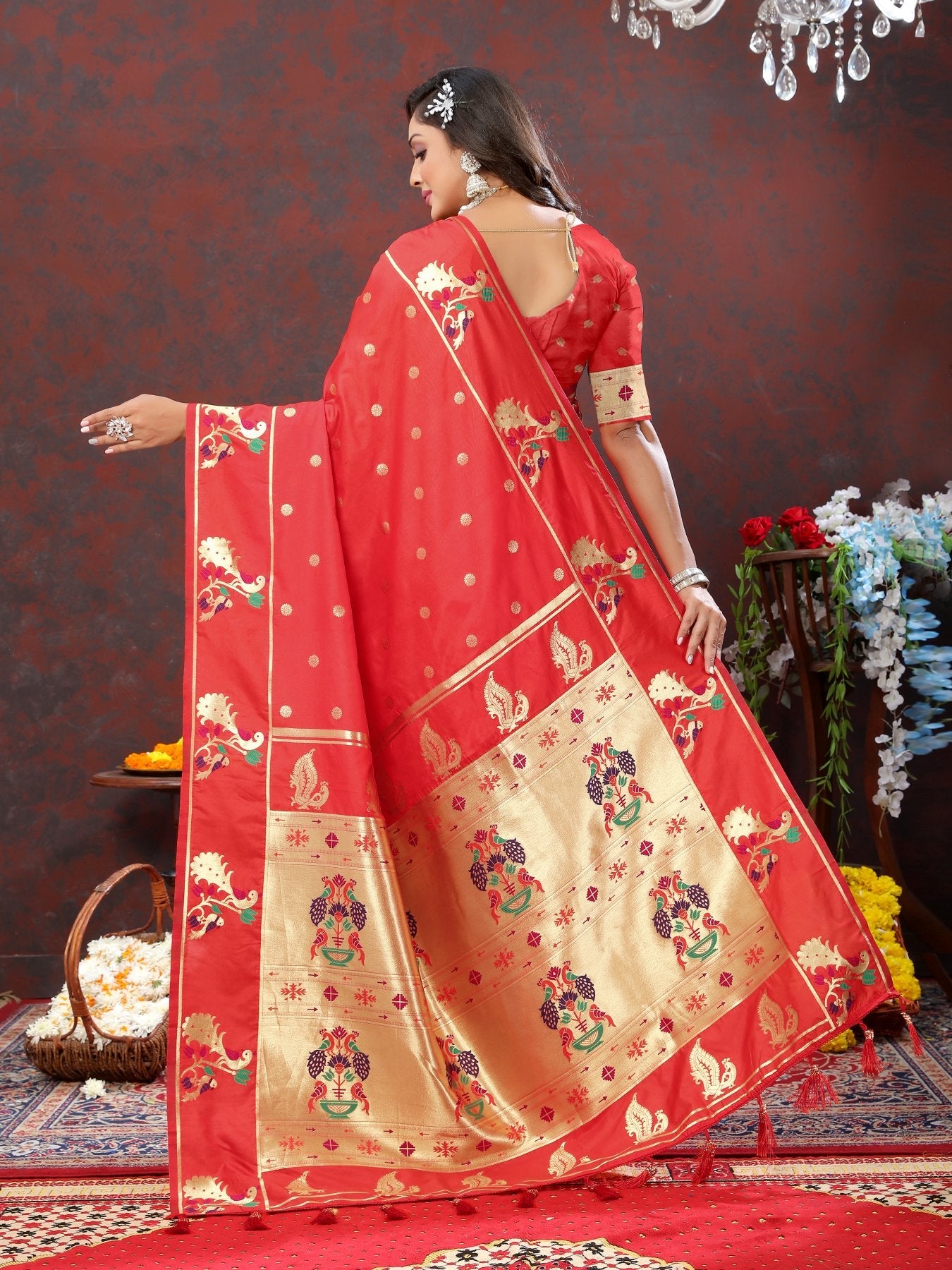 A dreamy Red Paithani Silk Saree With Delightful Blouse Piece